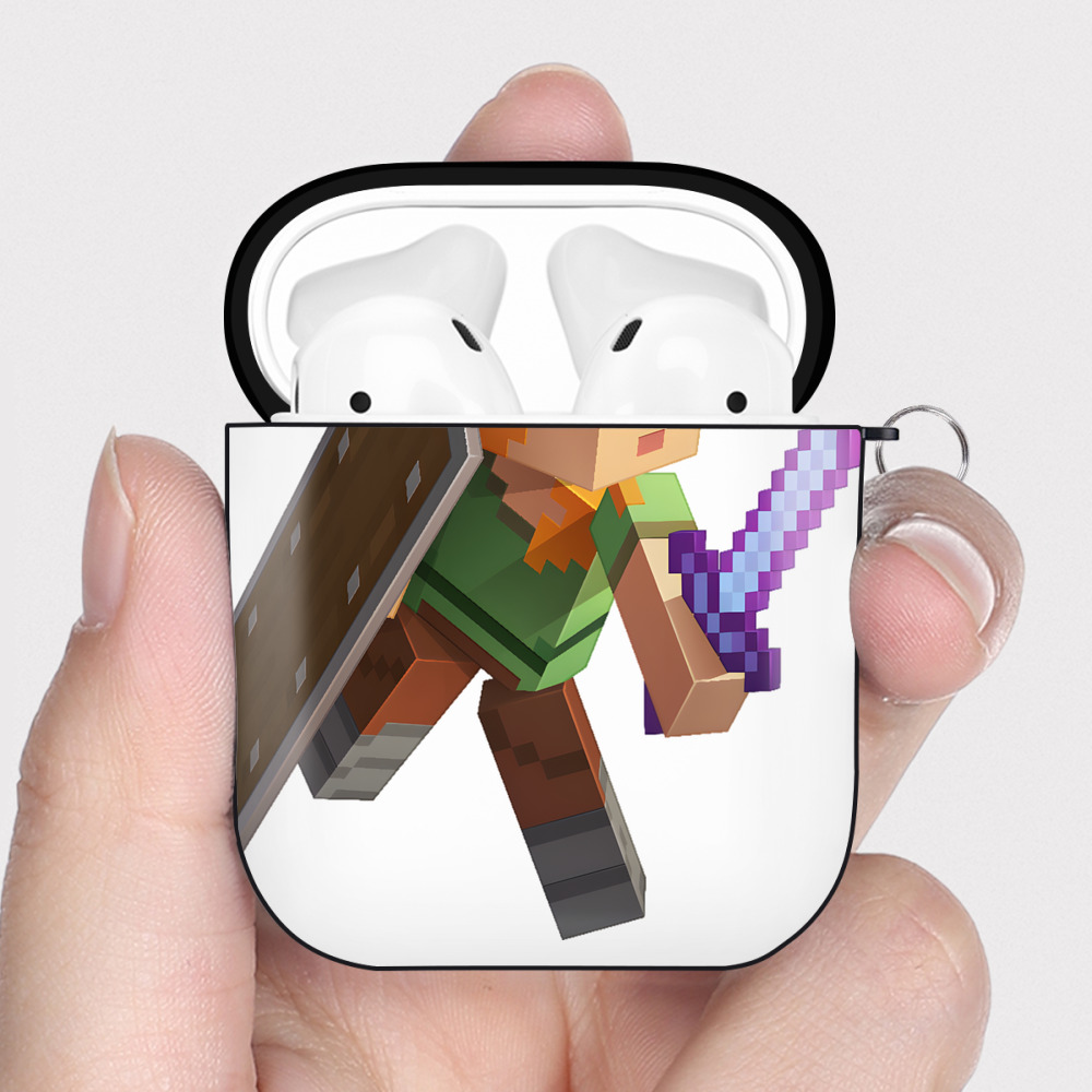 （画像用） マインクラフト ブロックの世界 Minecraft MC Block world AirPods 第2世代保護ケース ハードシェル ブラック 耐衝撃・防指紋・カラビナ付き