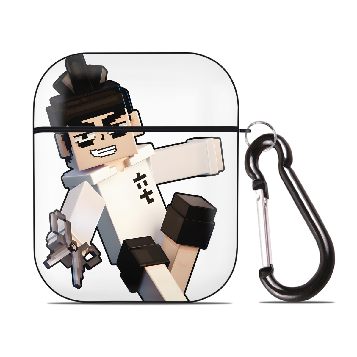 （画像用） マインクラフト ブロックの世界 Minecraft MC Block world AirPods 第2世代保護ケース ハードシェル ブラック 耐衝撃・防指紋・カラビナ付き