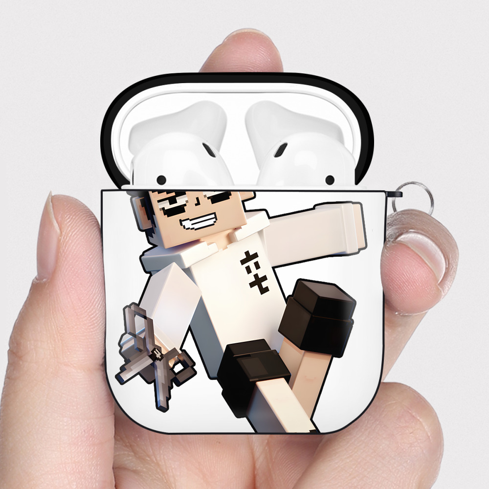 （画像用） マインクラフト ブロックの世界 Minecraft MC Block world AirPods 第2世代保護ケース ハードシェル ブラック 耐衝撃・防指紋・カラビナ付き