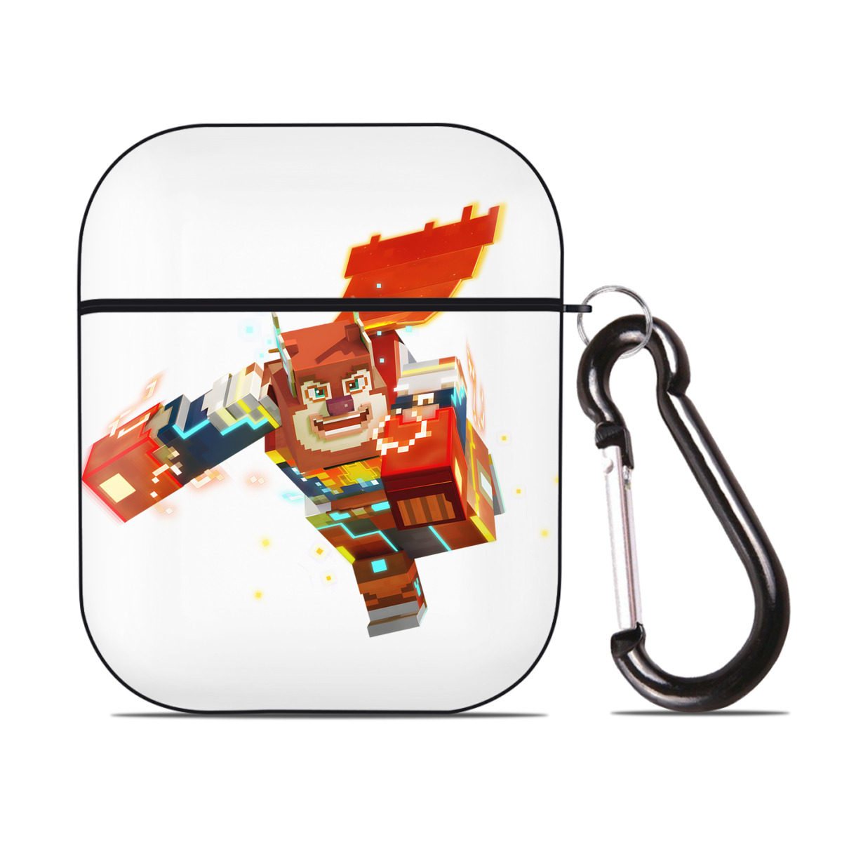 （画像用） マインクラフト ブロックの世界 Minecraft MC Block world AirPods 第2世代保護ケース ハードシェル ブラック 耐衝撃・防指紋・カラビナ付き