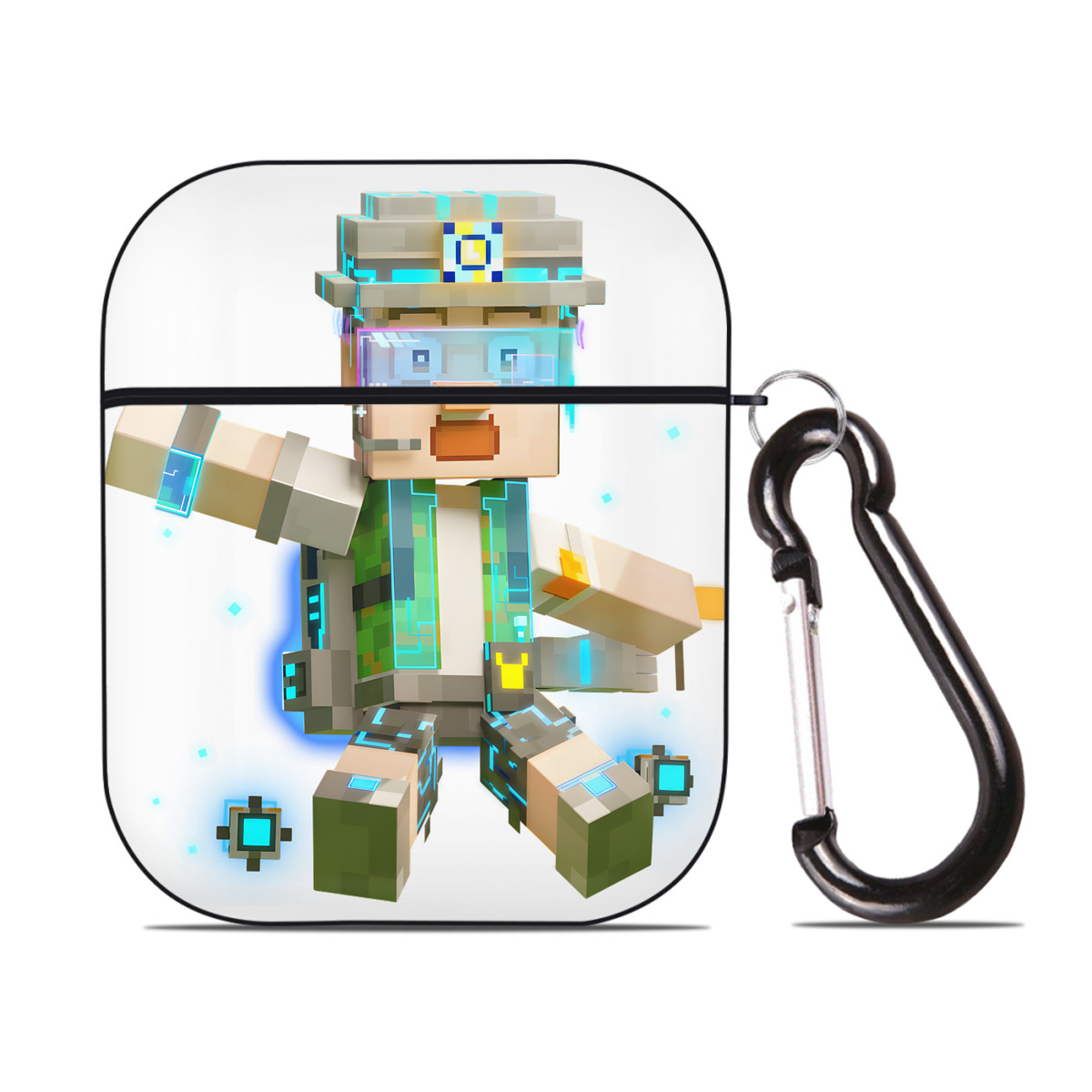 （画像用） マインクラフト ブロックの世界 Minecraft MC Block world AirPods 第2世代保護ケース ハードシェル ブラック 耐衝撃・防指紋・カラビナ付き