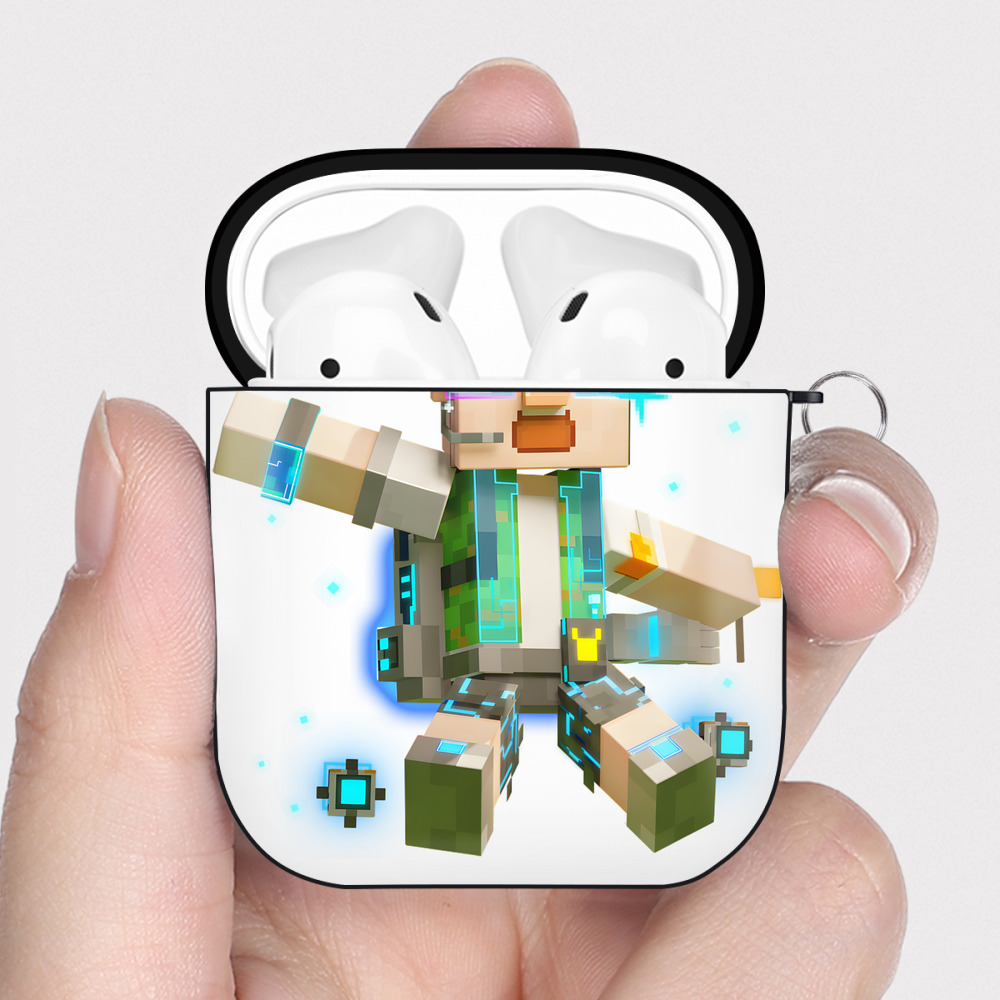 （画像用） マインクラフト ブロックの世界 Minecraft MC Block world AirPods 第2世代保護ケース ハードシェル ブラック 耐衝撃・防指紋・カラビナ付き