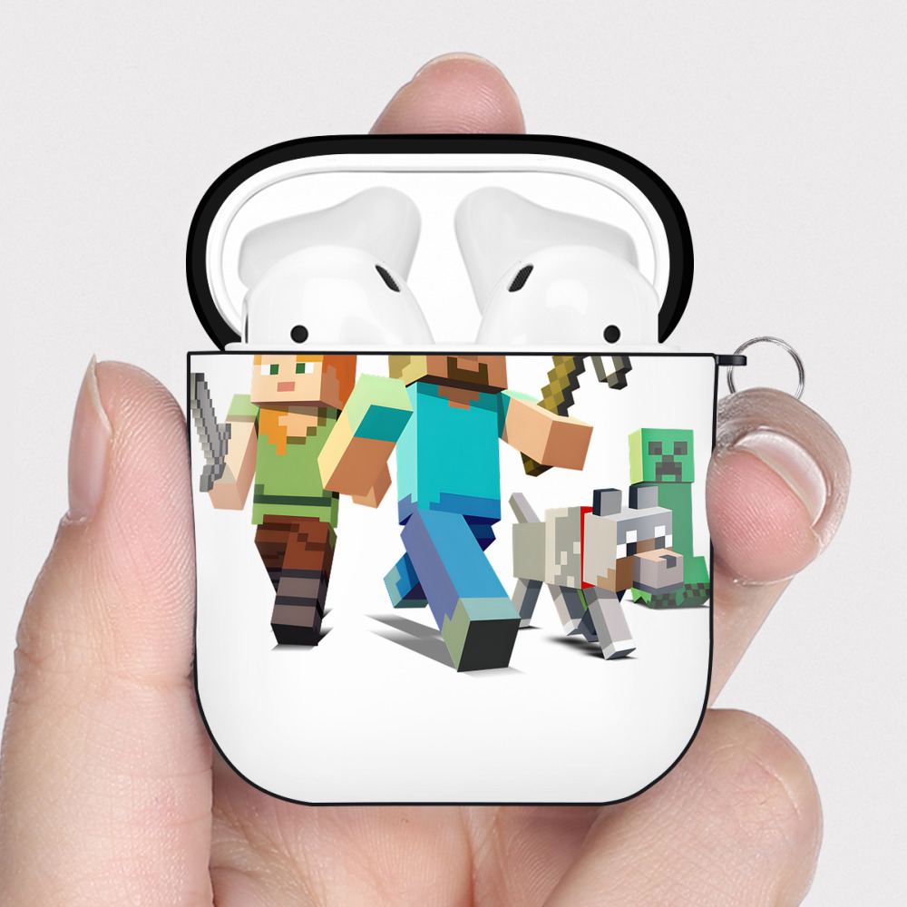 （画像用） マインクラフト ブロックの世界 Minecraft MC Block world AirPods 第2世代保護ケース ハードシェル ブラック 耐衝撃・防指紋・カラビナ付き