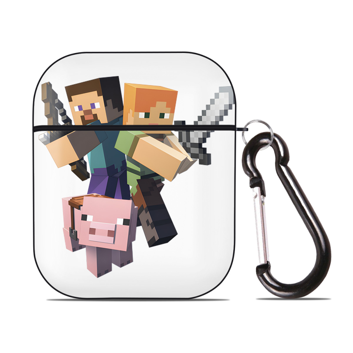 （画像用） マインクラフト ブロックの世界 Minecraft MC Block world AirPods 第2世代保護ケース ハードシェル ブラック 耐衝撃・防指紋・カラビナ付き