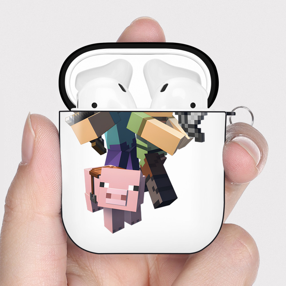 （画像用） マインクラフト ブロックの世界 Minecraft MC Block world AirPods 第2世代保護ケース ハードシェル ブラック 耐衝撃・防指紋・カラビナ付き