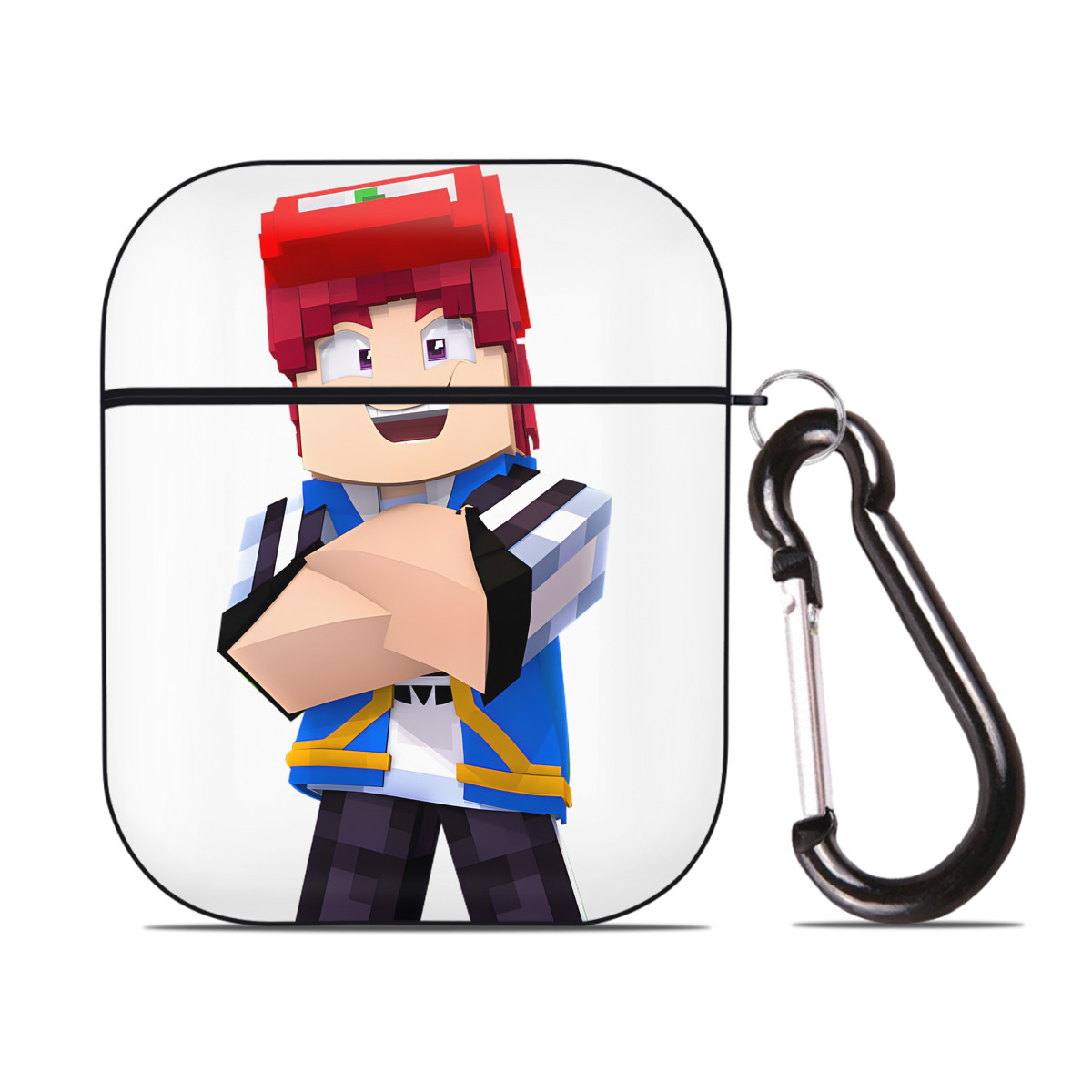 （画像用） マインクラフト ブロックの世界 Minecraft MC Block world AirPods 第2世代保護ケース ハードシェル ブラック 耐衝撃・防指紋・カラビナ付き