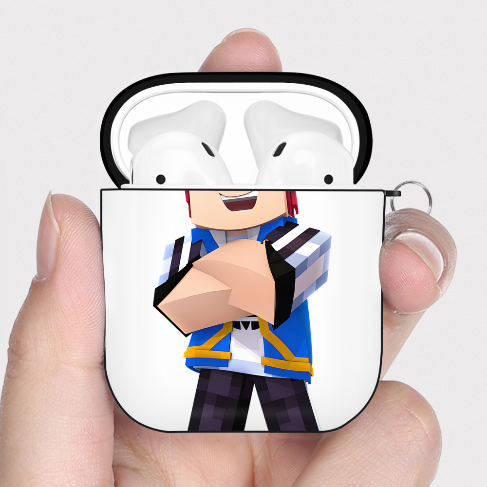 （画像用） マインクラフト ブロックの世界 Minecraft MC Block world AirPods 第2世代保護ケース ハードシェル ブラック 耐衝撃・防指紋・カラビナ付き