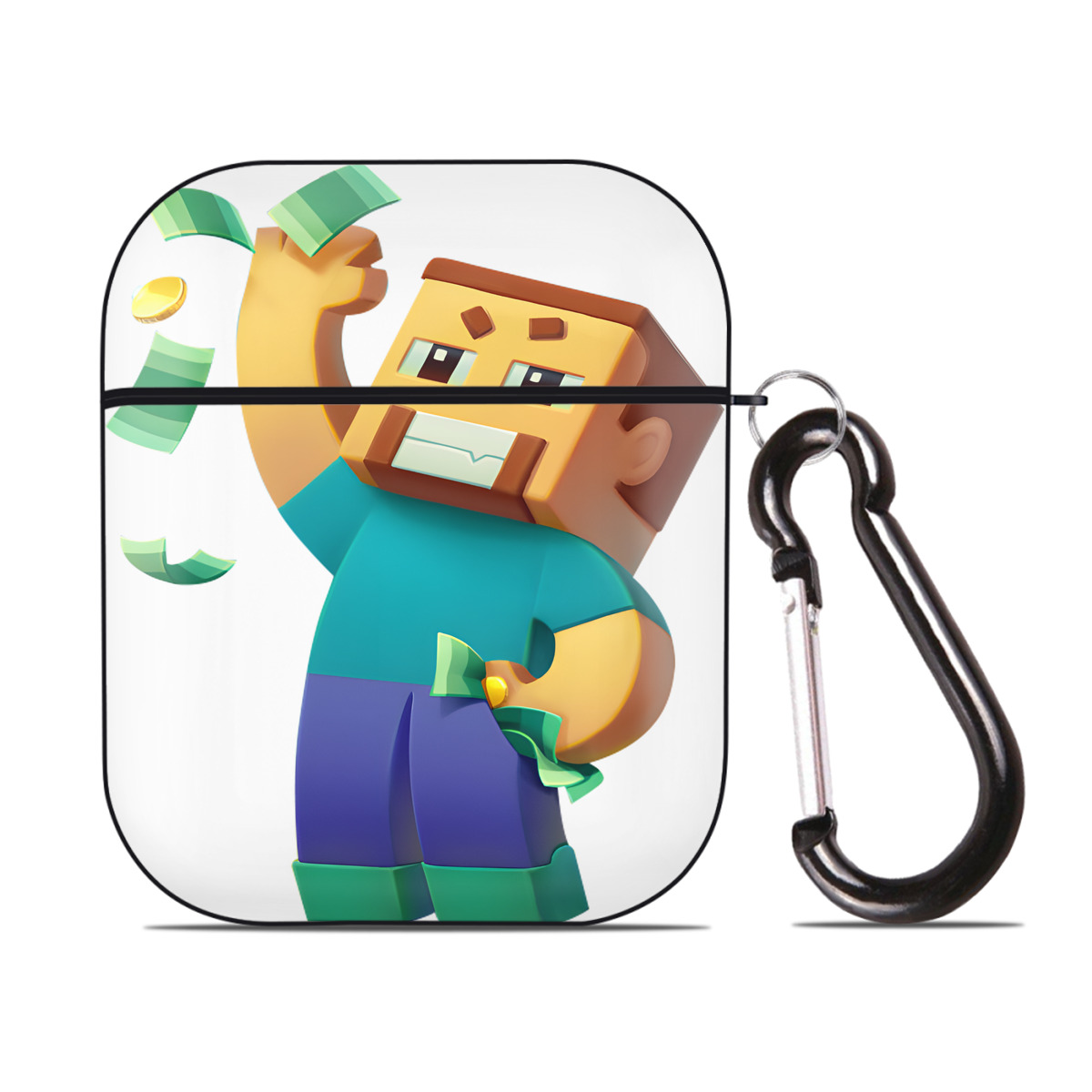 （画像用） マインクラフト ブロックの世界 Minecraft MC Block world AirPods 第2世代保護ケース ハードシェル ブラック 耐衝撃・防指紋・カラビナ付き