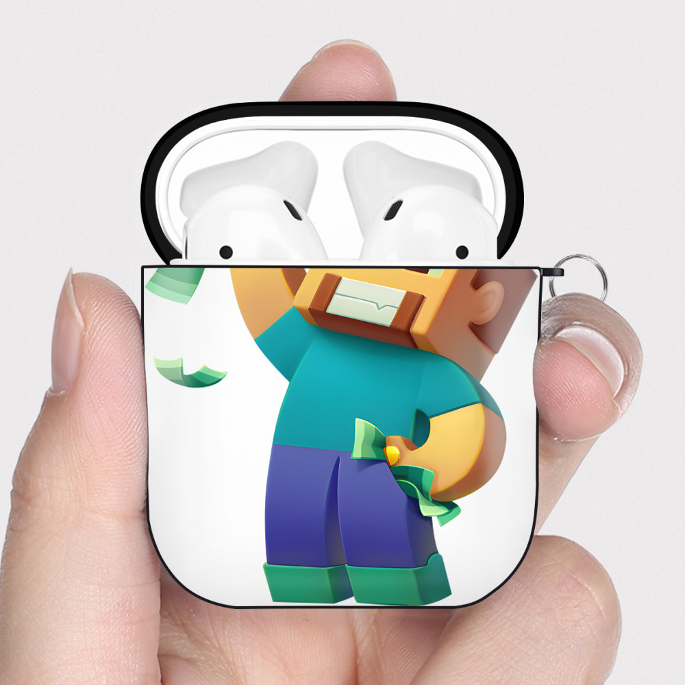 （画像用） マインクラフト ブロックの世界 Minecraft MC Block world AirPods 第2世代保護ケース ハードシェル ブラック 耐衝撃・防指紋・カラビナ付き