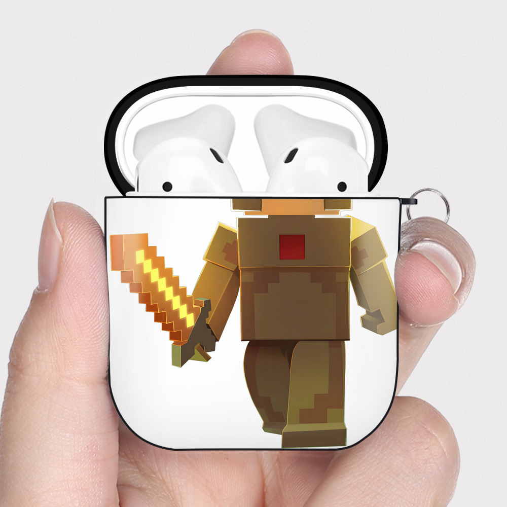 （画像用） マインクラフト ブロックの世界 Minecraft MC Block world AirPods 第2世代保護ケース ハードシェル ブラック 耐衝撃・防指紋・カラビナ付き