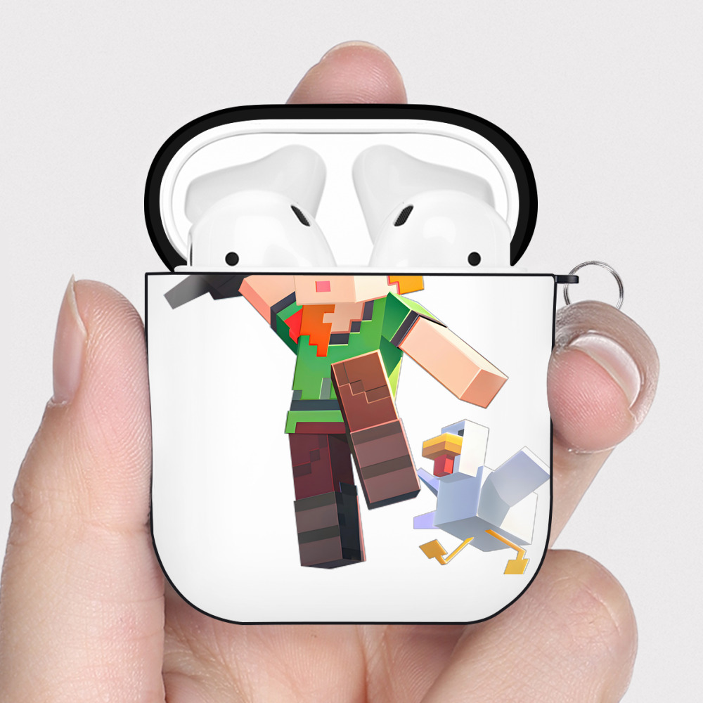 （画像用） マインクラフト ブロックの世界 Minecraft MC Block world AirPods 第2世代保護ケース ハードシェル ブラック 耐衝撃・防指紋・カラビナ付き
