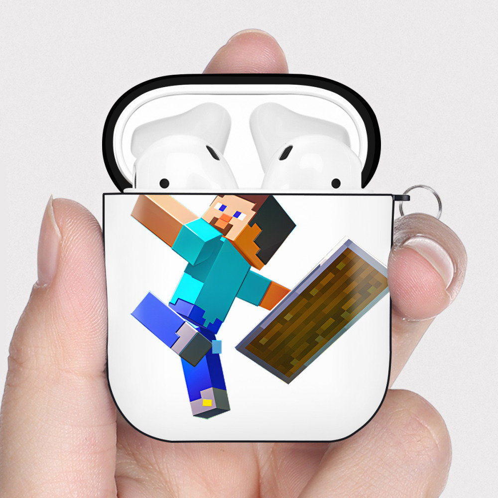 （画像用） マインクラフト ブロックの世界 Minecraft MC Block world AirPods 第2世代保護ケース ハードシェル ブラック 耐衝撃・防指紋・カラビナ付き