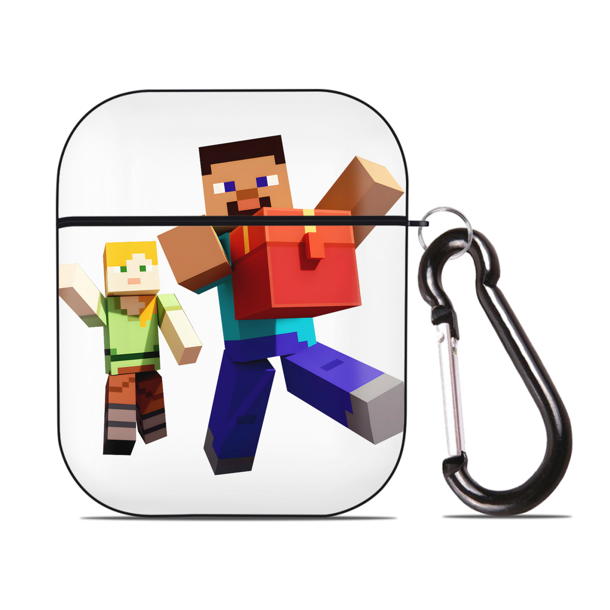 （画像用） マインクラフト ブロックの世界 Minecraft MC Block world AirPods 第2世代保護ケース ハードシェル ブラック 耐衝撃・防指紋・カラビナ付き