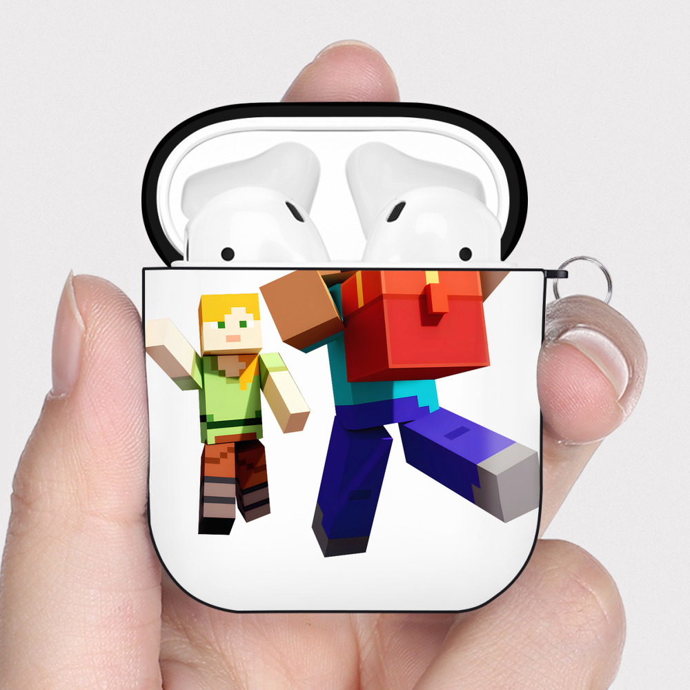（画像用） マインクラフト ブロックの世界 Minecraft MC Block world AirPods 第2世代保護ケース ハードシェル ブラック 耐衝撃・防指紋・カラビナ付き