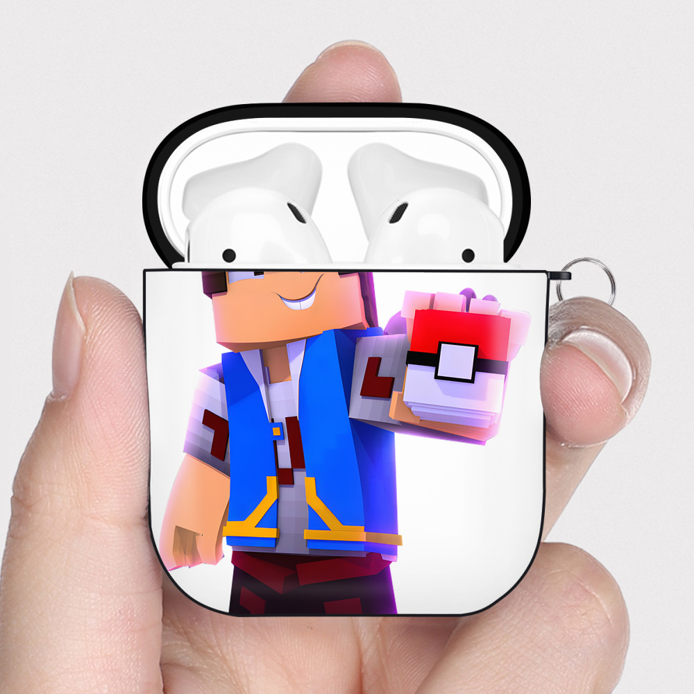 （画像用） マインクラフト ブロックの世界 Minecraft MC Block world AirPods 第2世代保護ケース ハードシェル ブラック 耐衝撃・防指紋・カラビナ付き