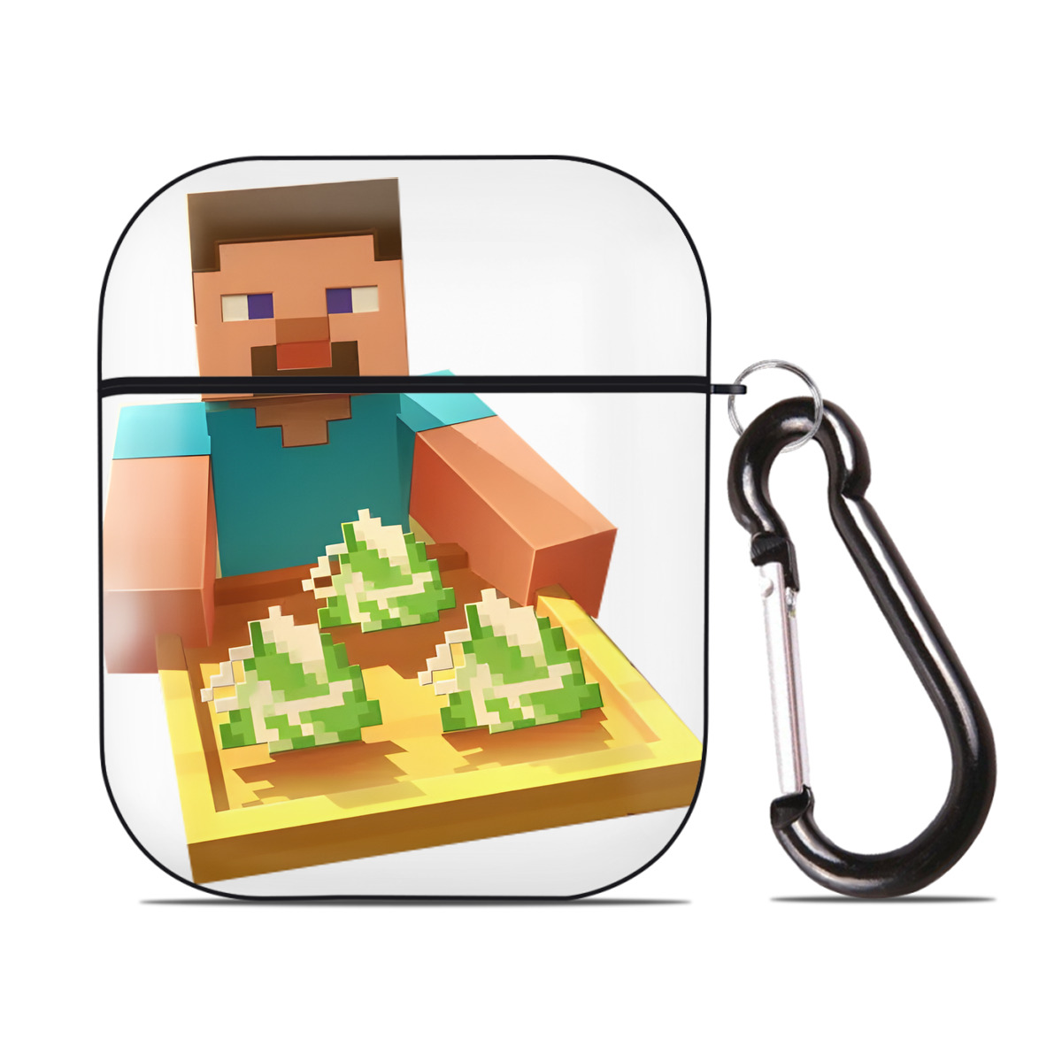 （画像用） マインクラフト ブロックの世界 Minecraft MC Block world AirPods 第2世代保護ケース ハードシェル ブラック 耐衝撃・防指紋・カラビナ付き