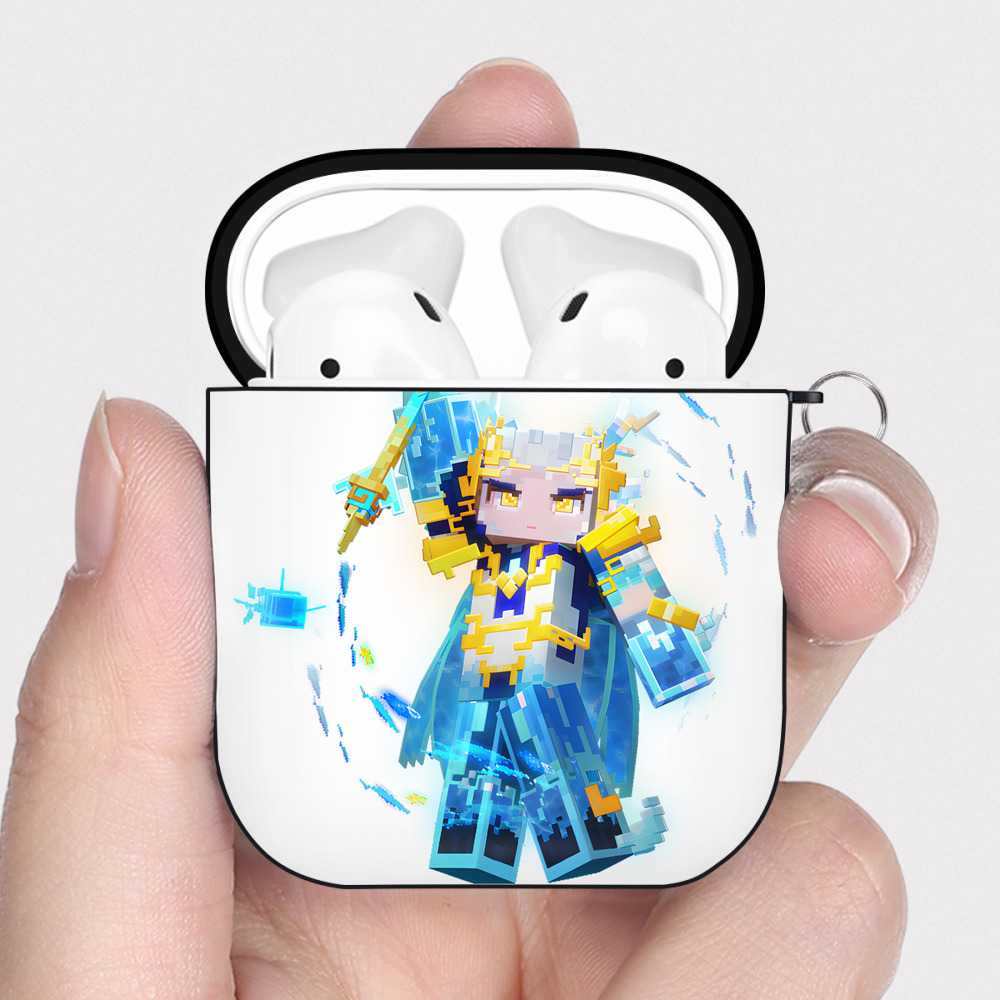 （画像用） マインクラフト ブロックの世界 Minecraft MC Block world AirPods 第2世代保護ケース ハードシェル ブラック 耐衝撃・防指紋・カラビナ付き
