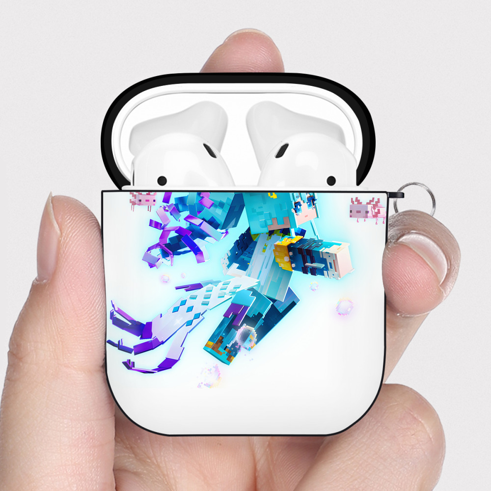 （画像用） マインクラフト ブロックの世界 Minecraft MC Block world AirPods 第2世代保護ケース ハードシェル ブラック 耐衝撃・防指紋・カラビナ付き
