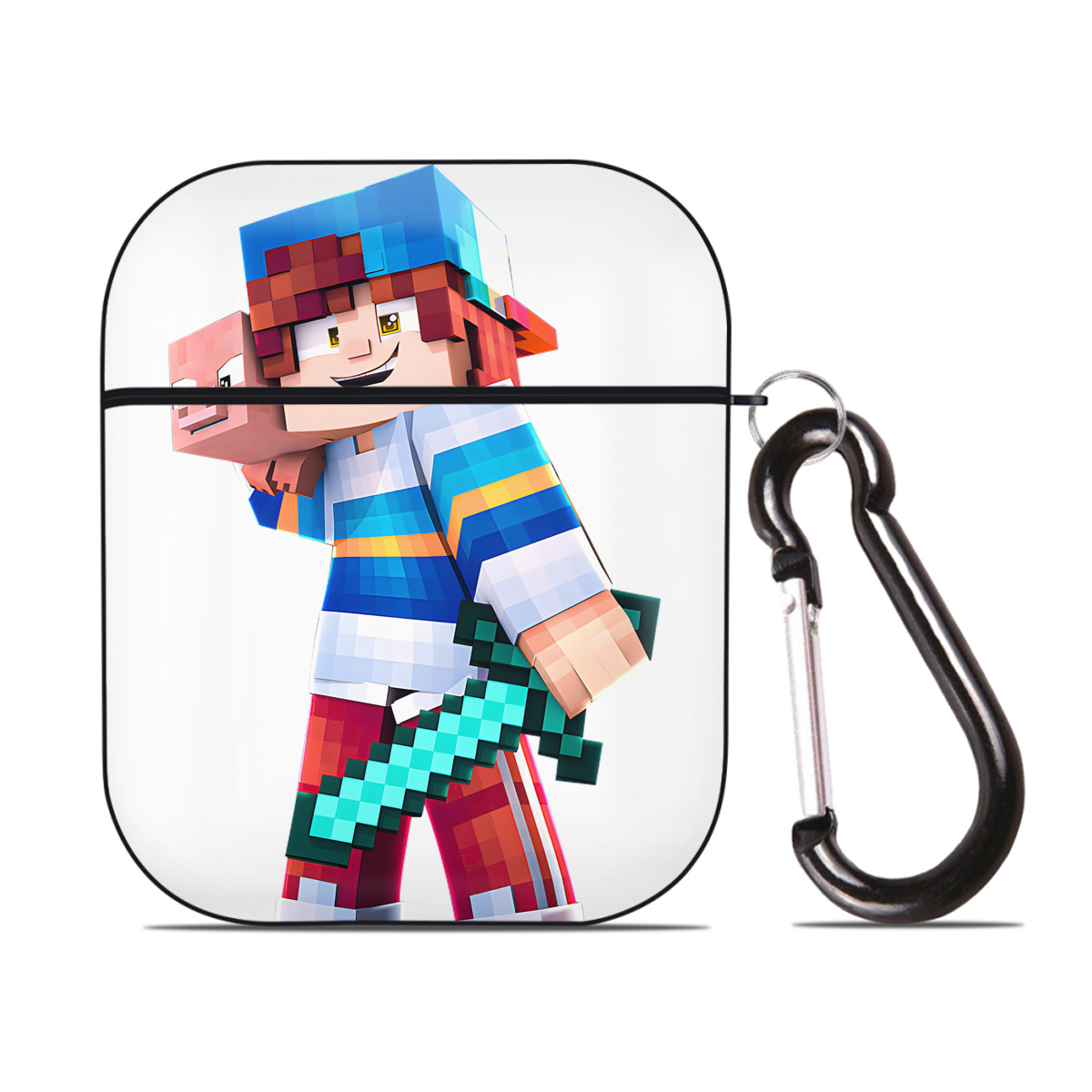 （画像用） マインクラフト ブロックの世界 Minecraft MC Block world AirPods 第2世代保護ケース ハードシェル ブラック 耐衝撃・防指紋・カラビナ付き