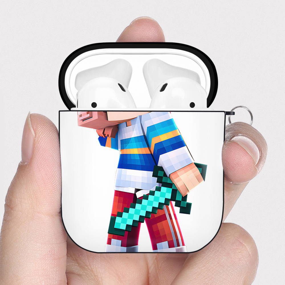 （画像用） マインクラフト ブロックの世界 Minecraft MC Block world AirPods 第2世代保護ケース ハードシェル ブラック 耐衝撃・防指紋・カラビナ付き