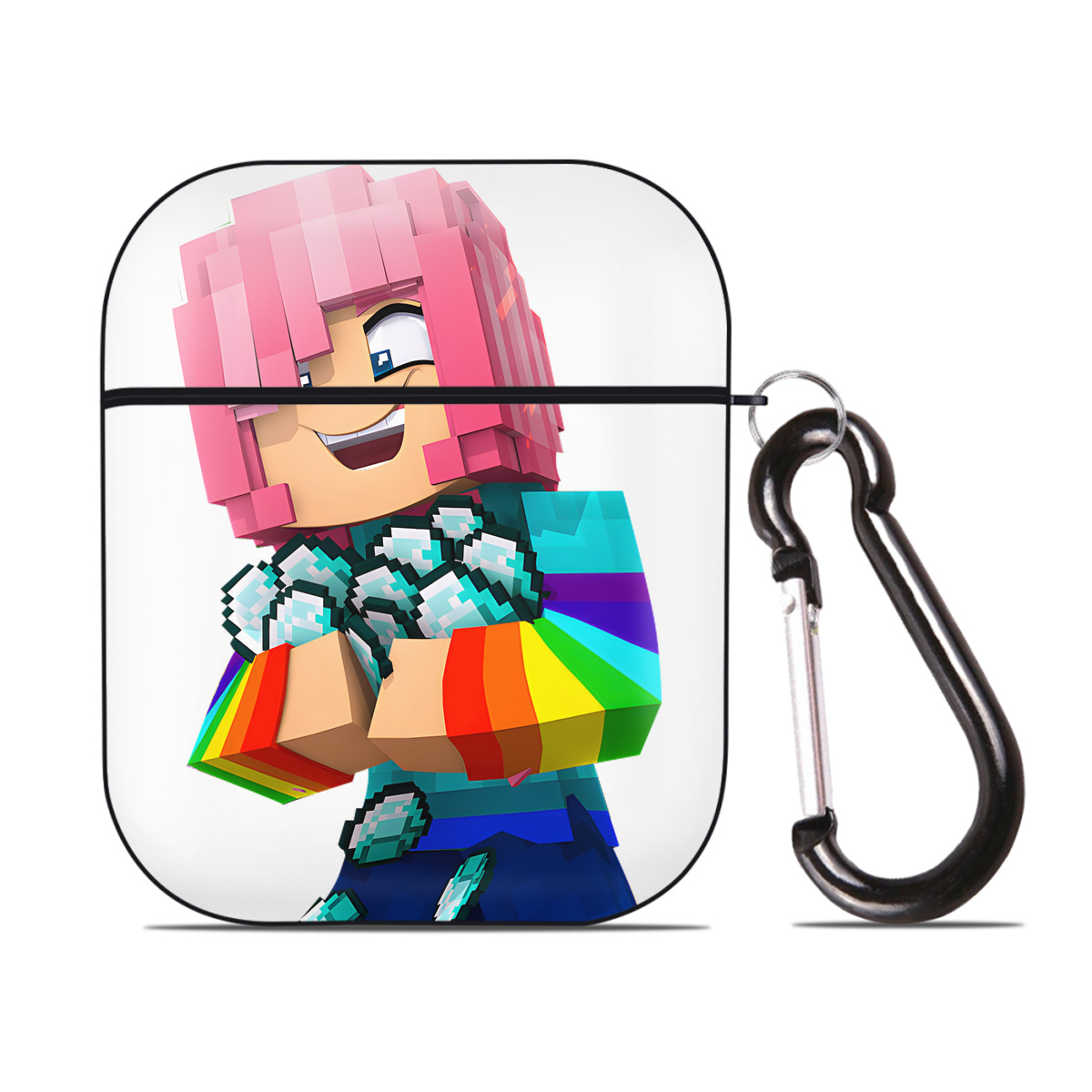 （画像用） マインクラフト ブロックの世界 Minecraft MC Block world AirPods 第2世代保護ケース ハードシェル ブラック 耐衝撃・防指紋・カラビナ付き