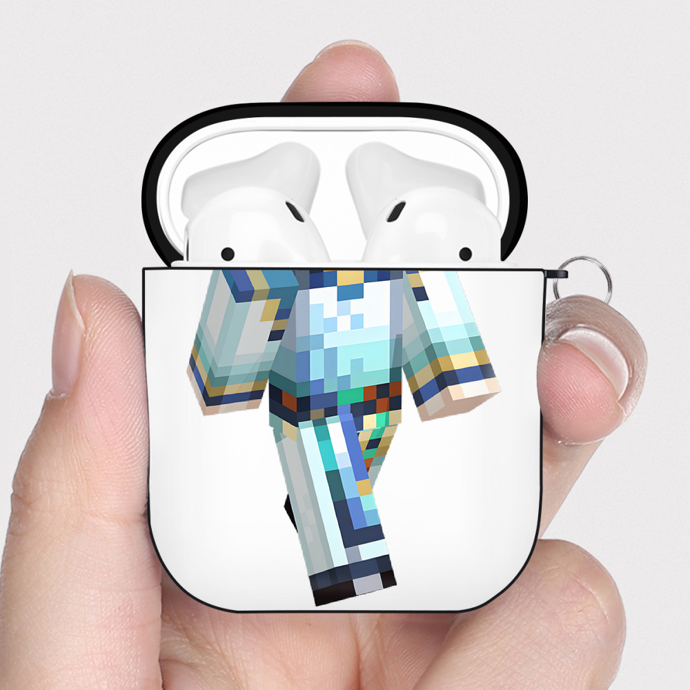 （画像用） マインクラフト ブロックの世界 Minecraft MC Block world AirPods 第2世代保護ケース ハードシェル ブラック 耐衝撃・防指紋・カラビナ付き