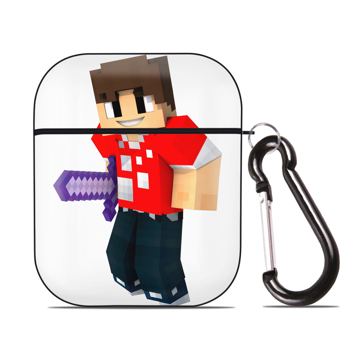 （画像用） マインクラフト ブロックの世界 Minecraft MC Block world AirPods 第2世代保護ケース ハードシェル ブラック 耐衝撃・防指紋・カラビナ付き