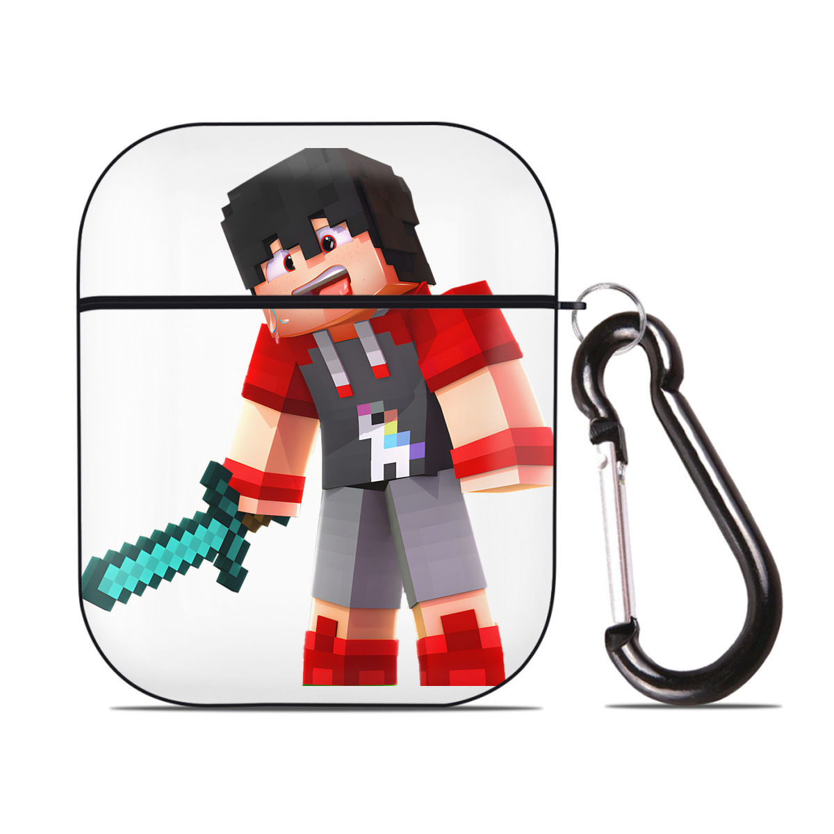 （画像用） マインクラフト ブロックの世界 Minecraft MC Block world AirPods 第2世代保護ケース ハードシェル ブラック 耐衝撃・防指紋・カラビナ付き
