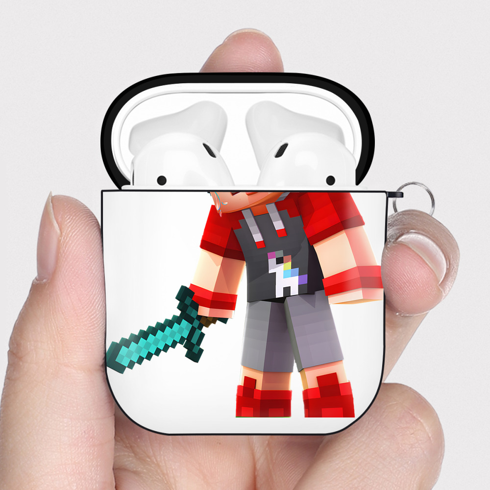（画像用） マインクラフト ブロックの世界 Minecraft MC Block world AirPods 第2世代保護ケース ハードシェル ブラック 耐衝撃・防指紋・カラビナ付き