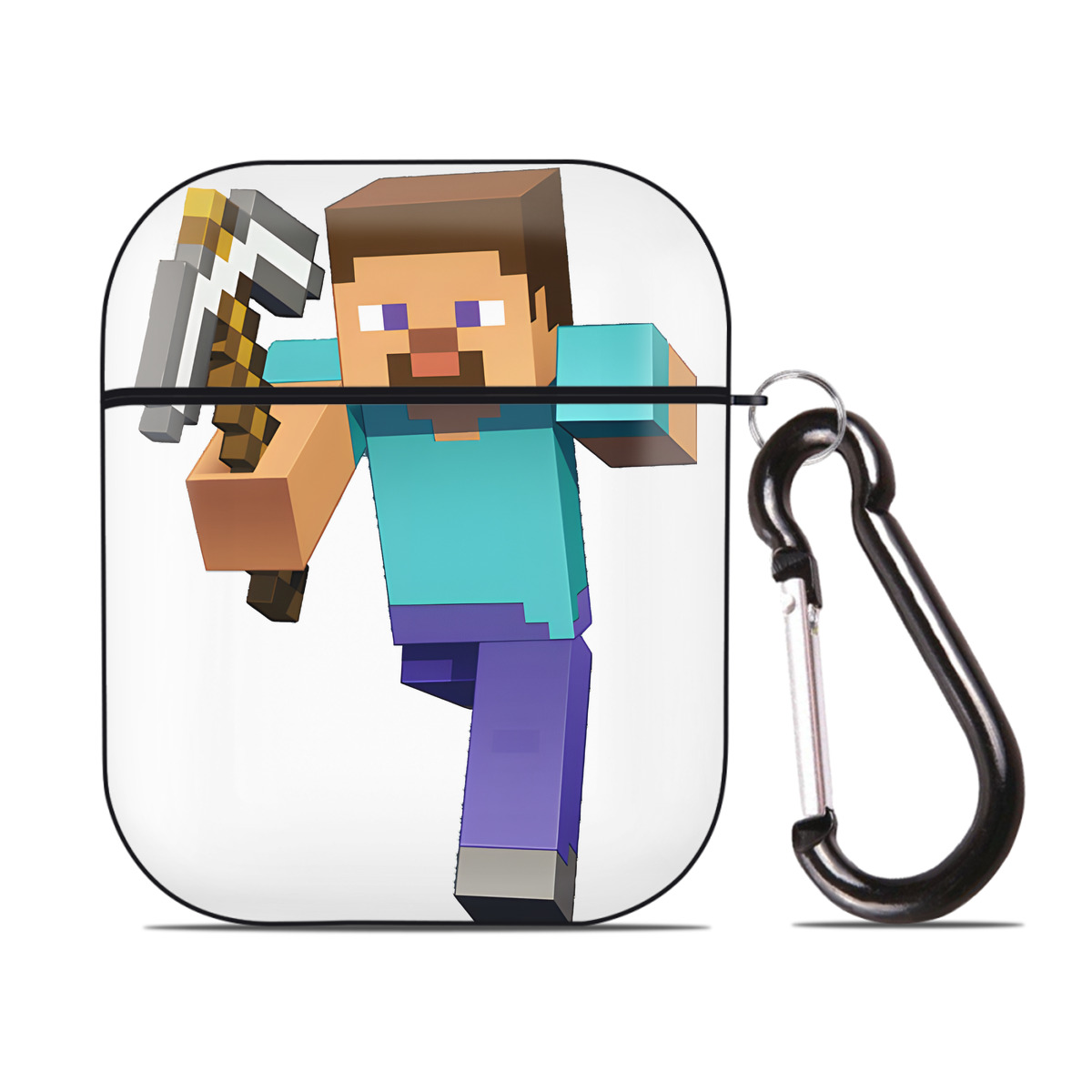 （画像用） マインクラフト ブロックの世界 Minecraft MC Block world AirPods 第2世代保護ケース ハードシェル ブラック 耐衝撃・防指紋・カラビナ付き