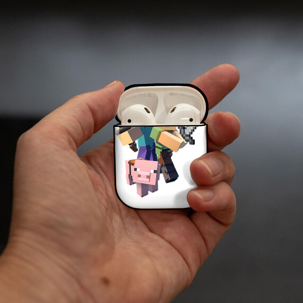 マインクラフト ブロックの世界 Minecraft MC Block world AirPods 第2世代保護ケース ハードシェル ブラック 耐衝撃・防指紋・カラビナ付き