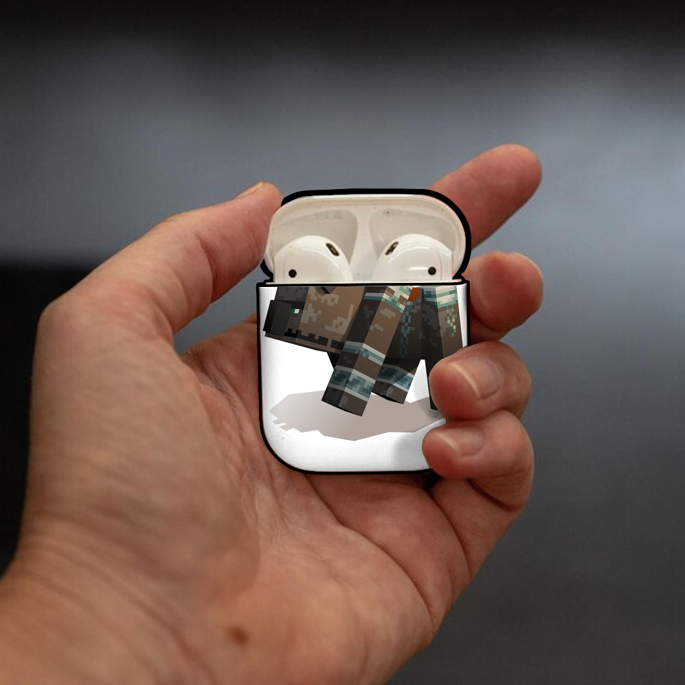 マインクラフト ブロックの世界 Minecraft MC Block world AirPods 第2世代保護ケース ハードシェル ブラック 耐衝撃・防指紋・カラビナ付き
