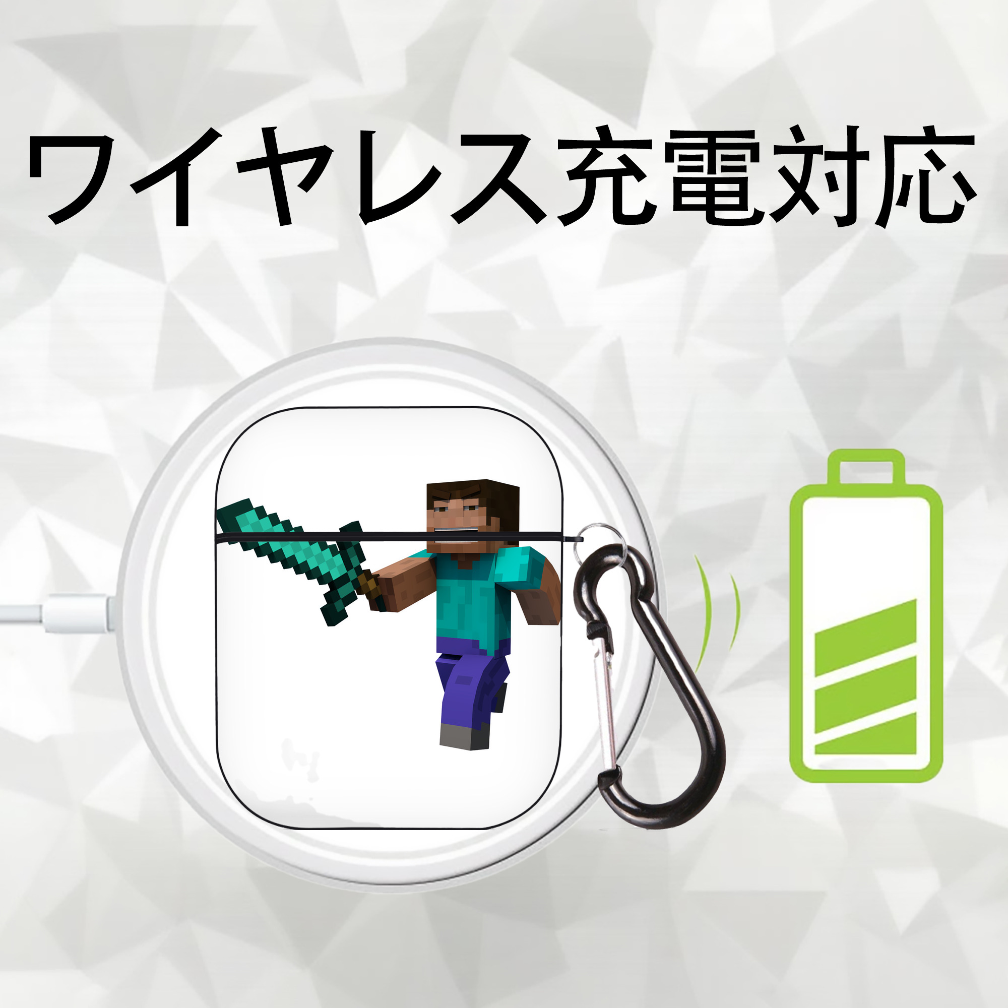 マインクラフト ブロックの世界 Minecraft MC Block world AirPods 第2世代保護ケース ハードシェル ブラック 耐衝撃・防指紋・カラビナ付き