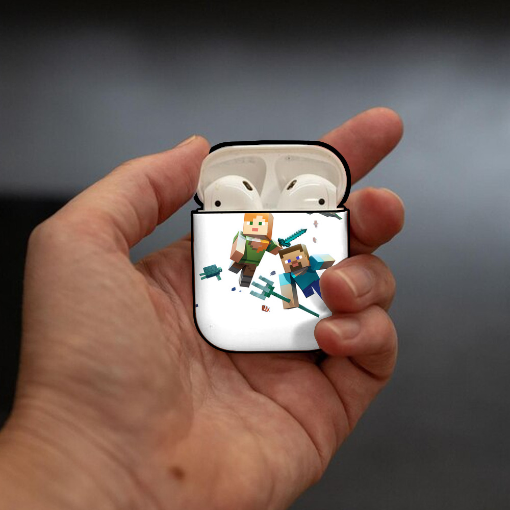 マインクラフト ブロックの世界 Minecraft MC Block world AirPods 第2世代保護ケース ハードシェル ブラック 耐衝撃・防指紋・カラビナ付き