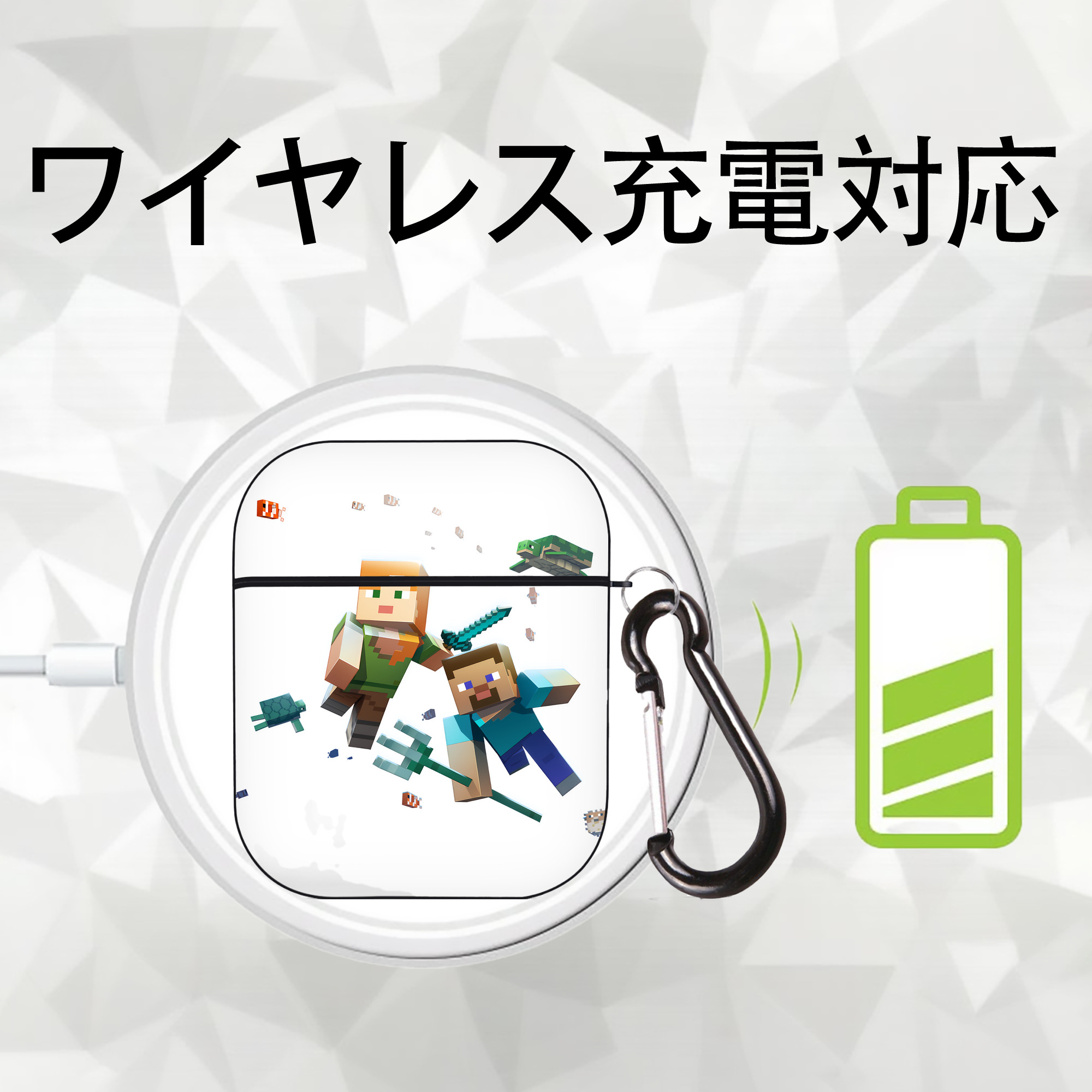 マインクラフト ブロックの世界 Minecraft MC Block world AirPods 第2世代保護ケース ハードシェル ブラック 耐衝撃・防指紋・カラビナ付き