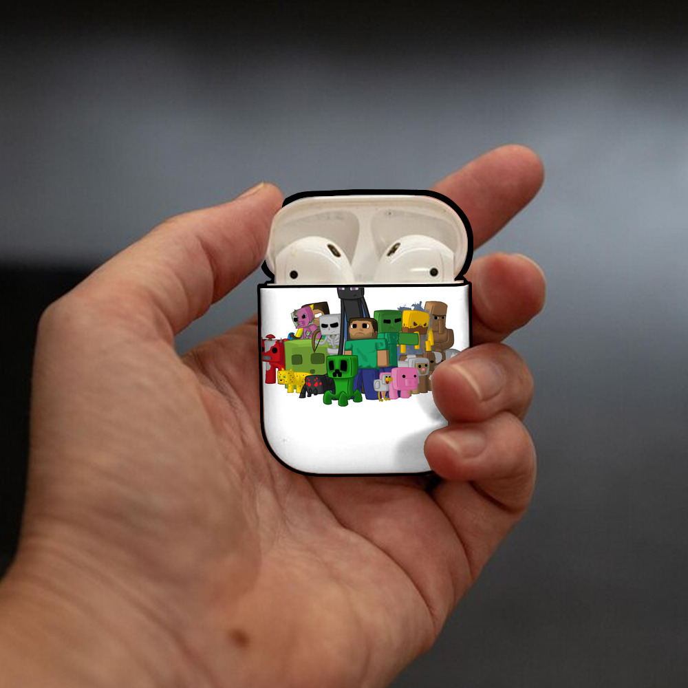 マインクラフト ブロックの世界 Minecraft MC Block world AirPods 第2世代保護ケース ハードシェル ブラック 耐衝撃・防指紋・カラビナ付き