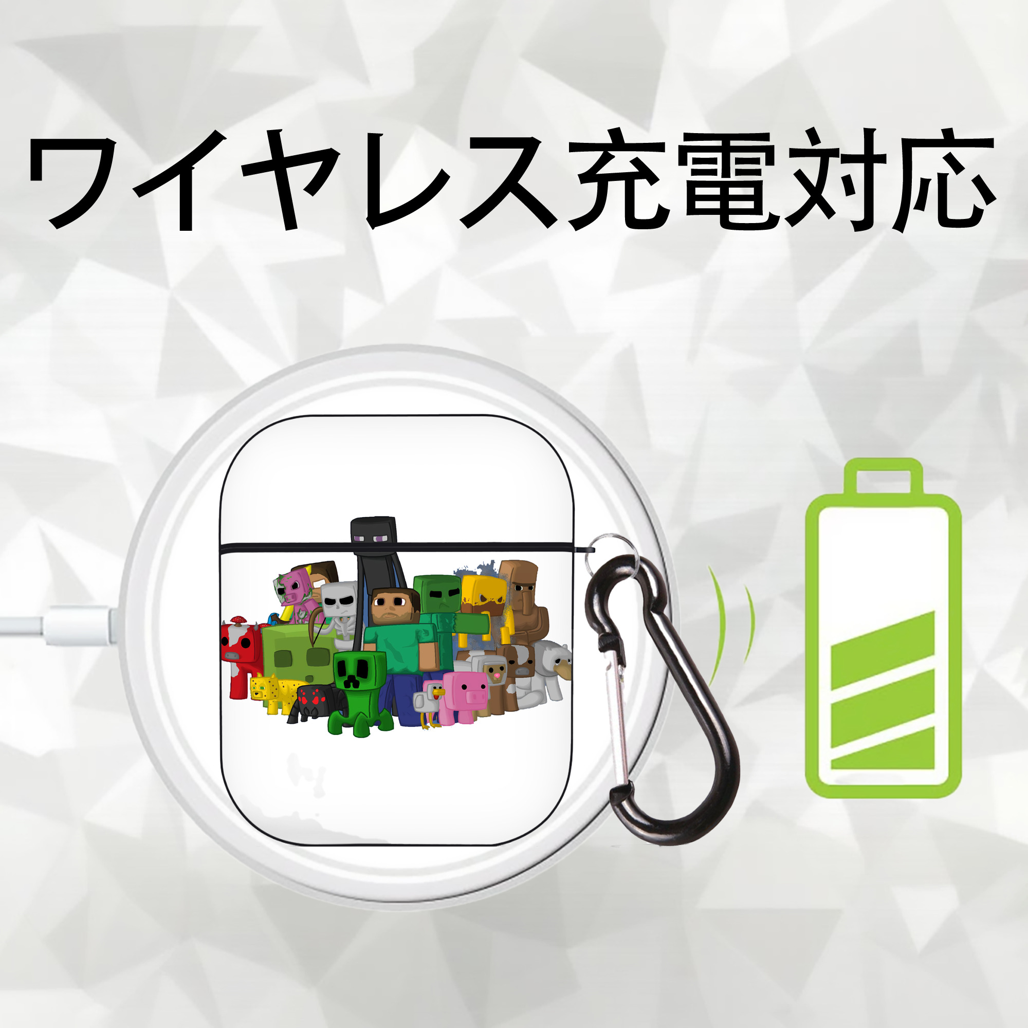 マインクラフト ブロックの世界 Minecraft MC Block world AirPods 第2世代保護ケース ハードシェル ブラック 耐衝撃・防指紋・カラビナ付き
