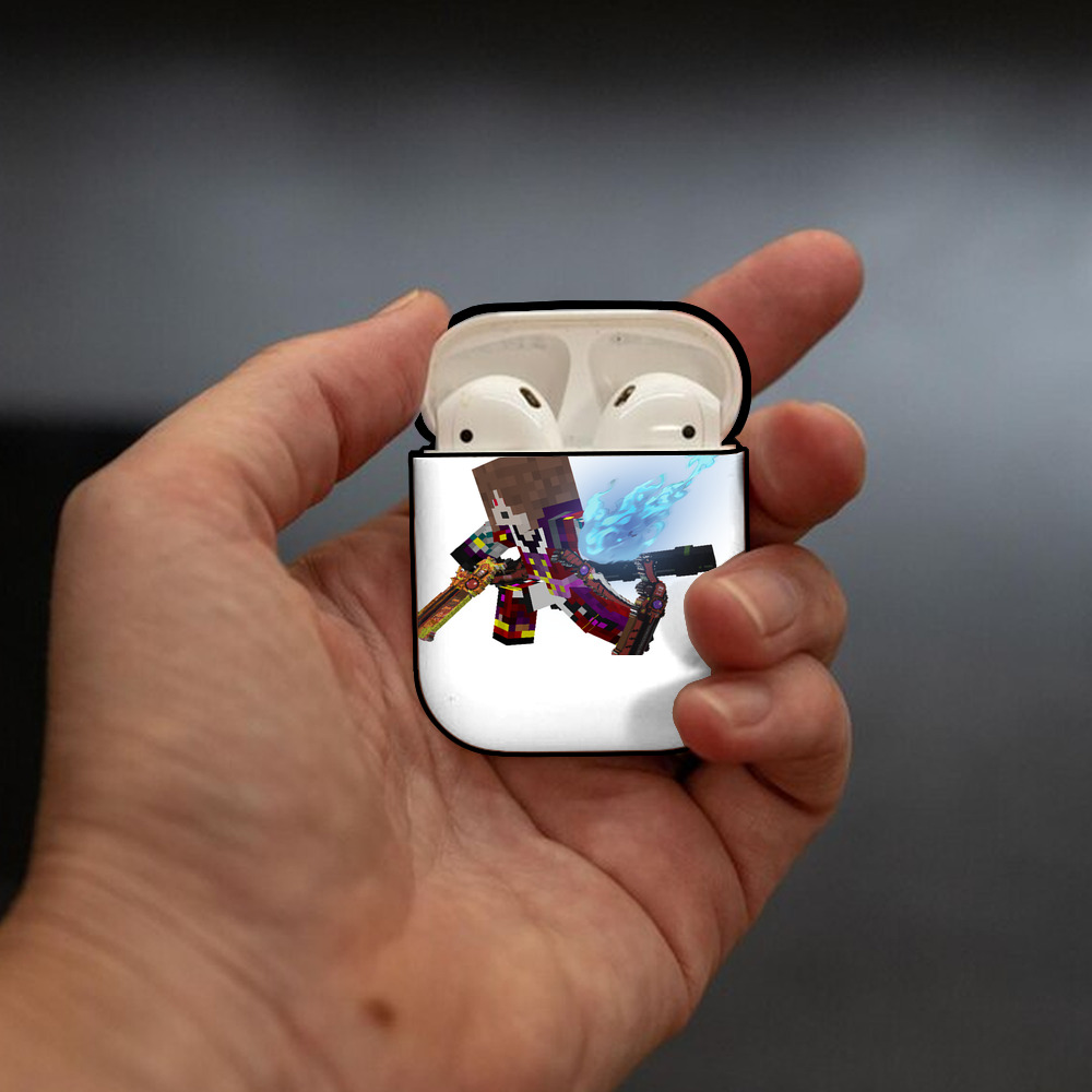 マインクラフト ブロックの世界 Minecraft MC Block world AirPods 第2世代保護ケース ハードシェル ブラック 耐衝撃・防指紋・カラビナ付き