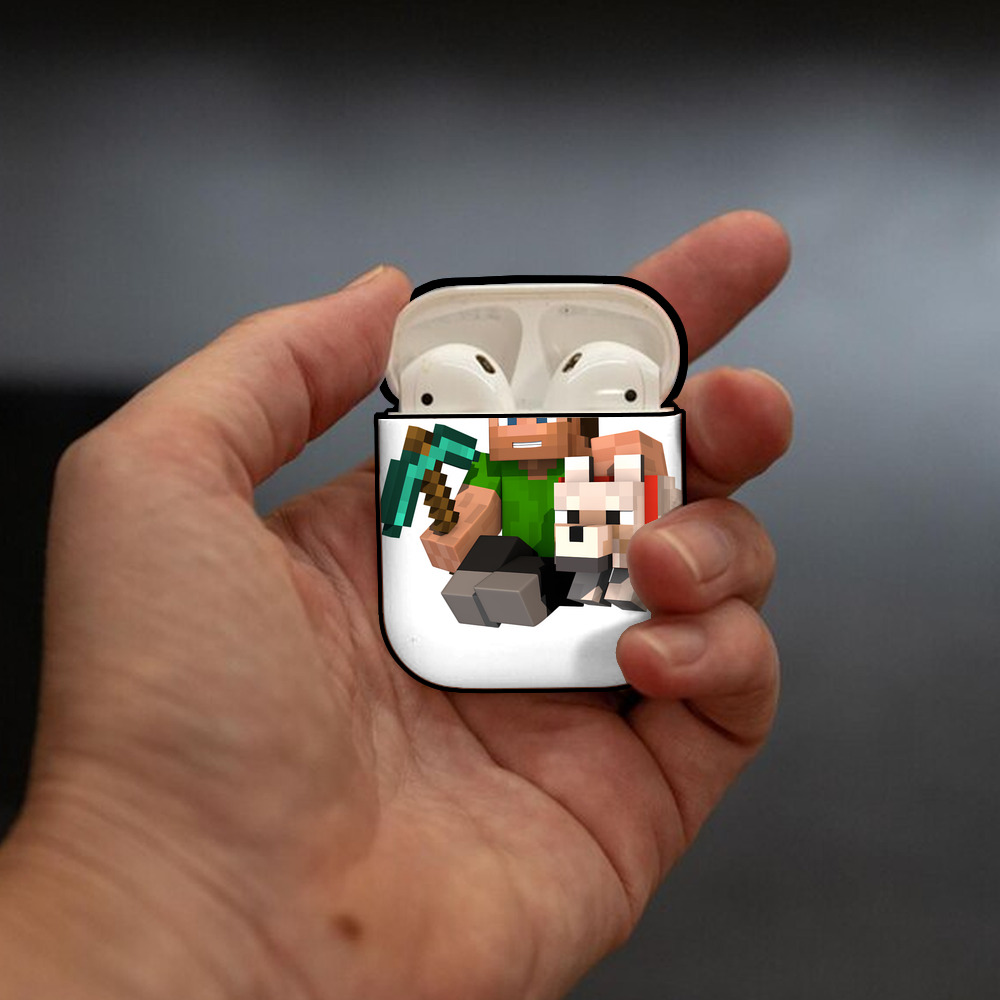マインクラフト ブロックの世界 Minecraft MC Block world AirPods 第2世代保護ケース ハードシェル ブラック 耐衝撃・防指紋・カラビナ付き