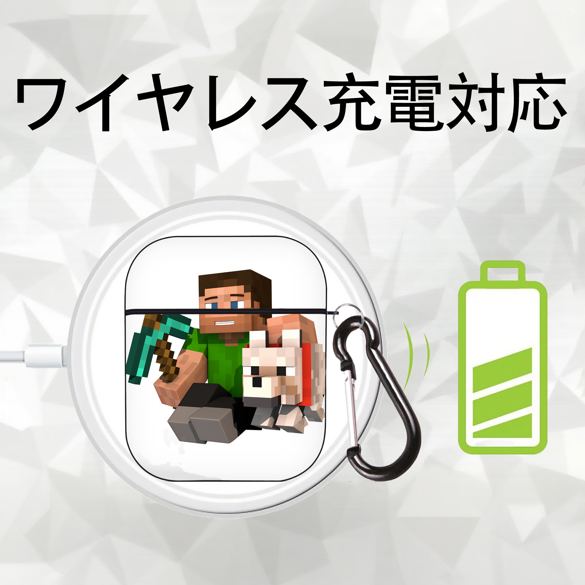 マインクラフト ブロックの世界 Minecraft MC Block world AirPods 第2世代保護ケース ハードシェル ブラック 耐衝撃・防指紋・カラビナ付き
