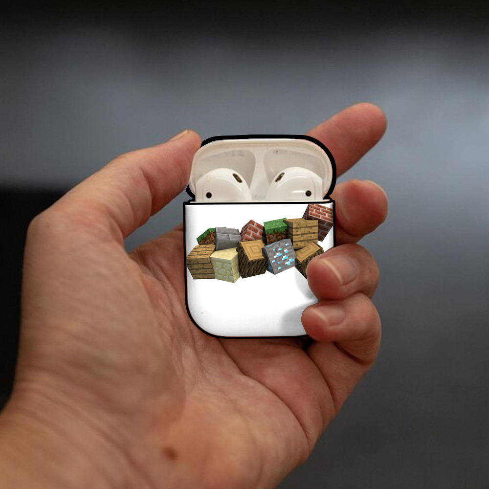 マインクラフト ブロックの世界 Minecraft MC Block world AirPods 第2世代保護ケース ハードシェル ブラック 耐衝撃・防指紋・カラビナ付き