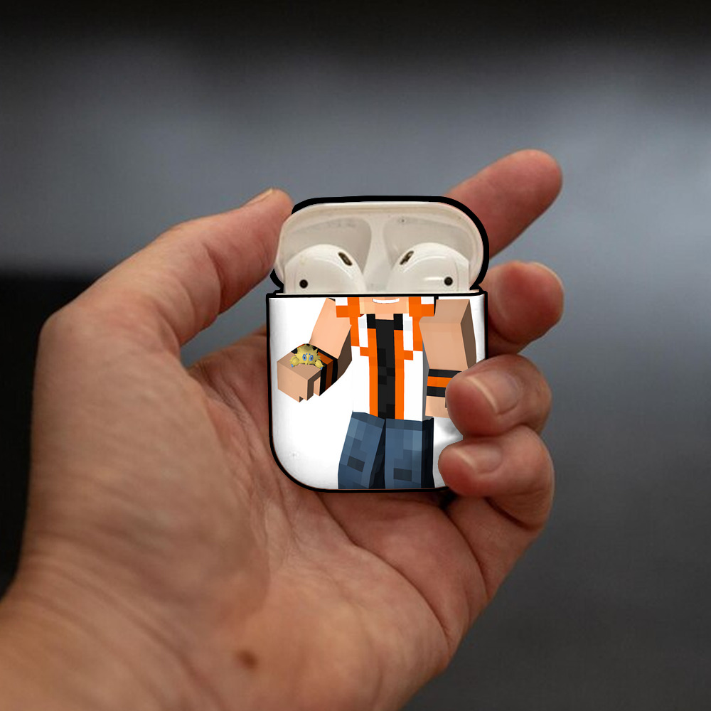 マインクラフト ブロックの世界 Minecraft MC Block world AirPods 第2世代保護ケース ハードシェル ブラック 耐衝撃・防指紋・カラビナ付き