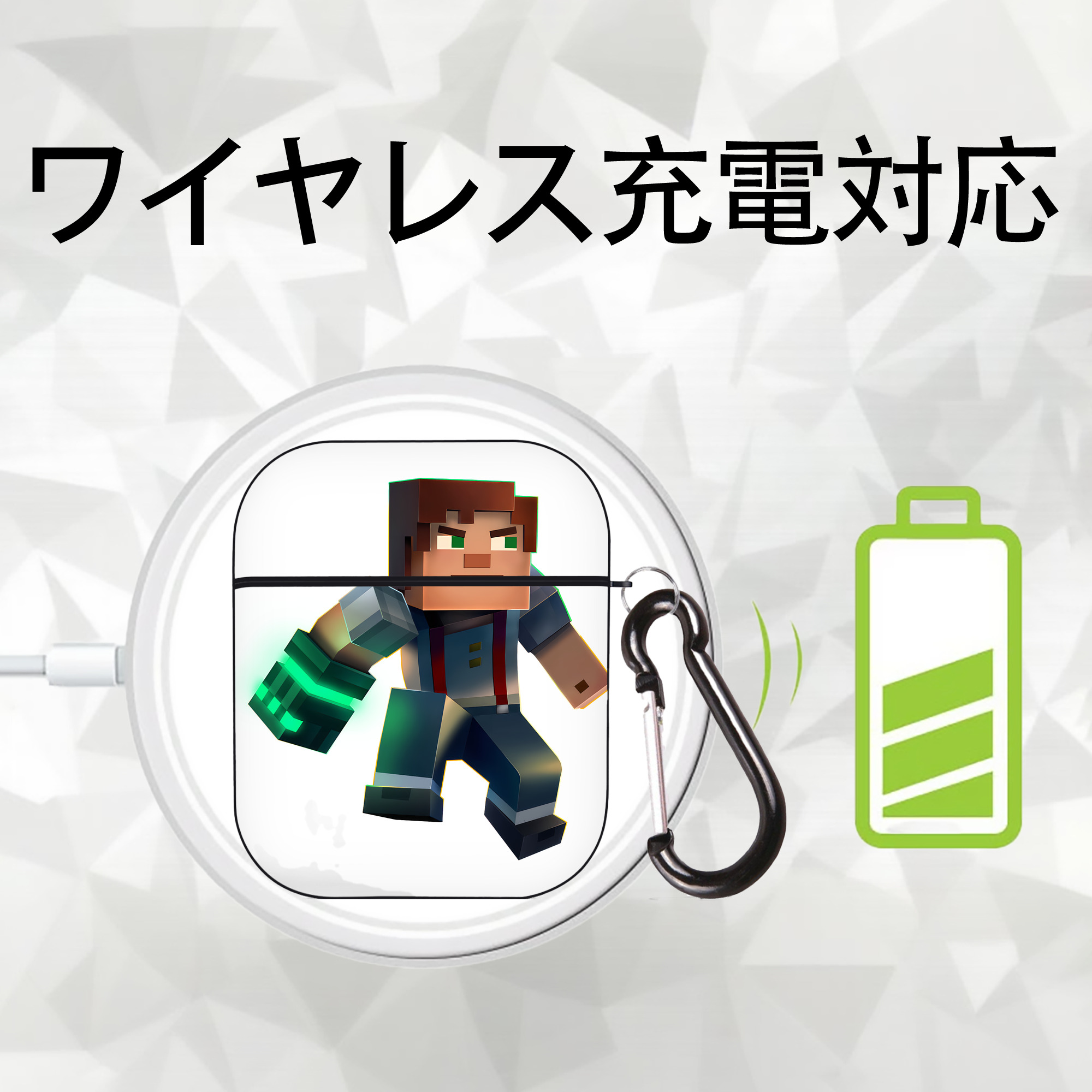 マインクラフト ブロックの世界 Minecraft MC Block world AirPods 第2世代保護ケース ハードシェル ブラック 耐衝撃・防指紋・カラビナ付き