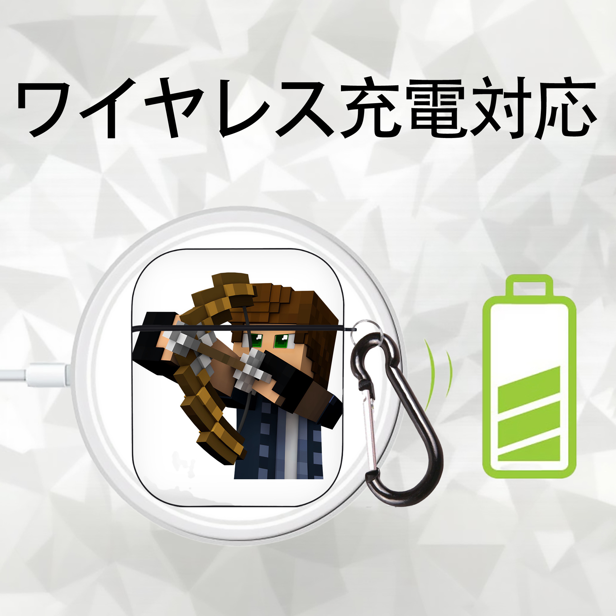 マインクラフト ブロックの世界 Minecraft MC Block world AirPods 第2世代保護ケース ハードシェル ブラック 耐衝撃・防指紋・カラビナ付き