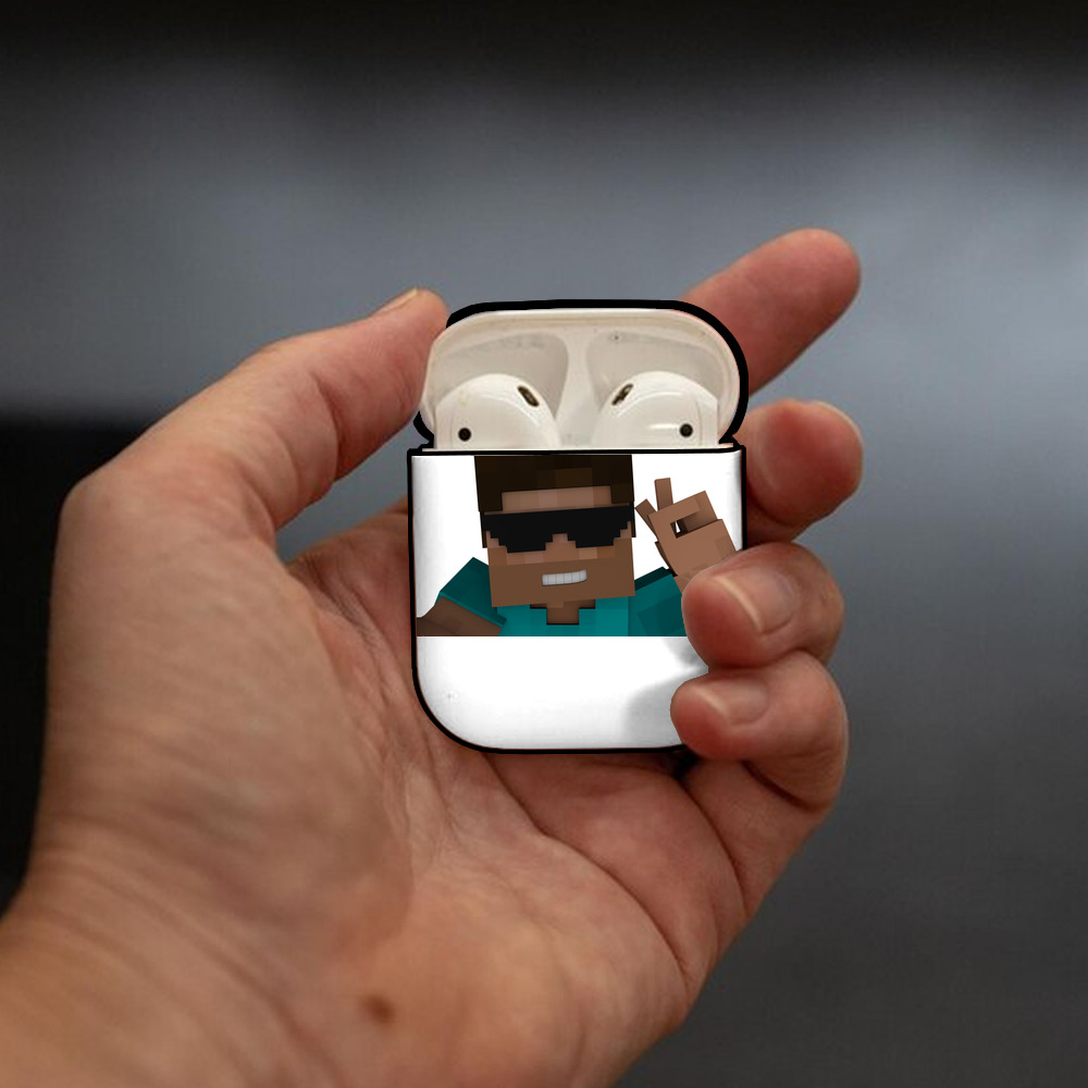 マインクラフト ブロックの世界 Minecraft MC Block world AirPods 第2世代保護ケース ハードシェル ブラック 耐衝撃・防指紋・カラビナ付き
