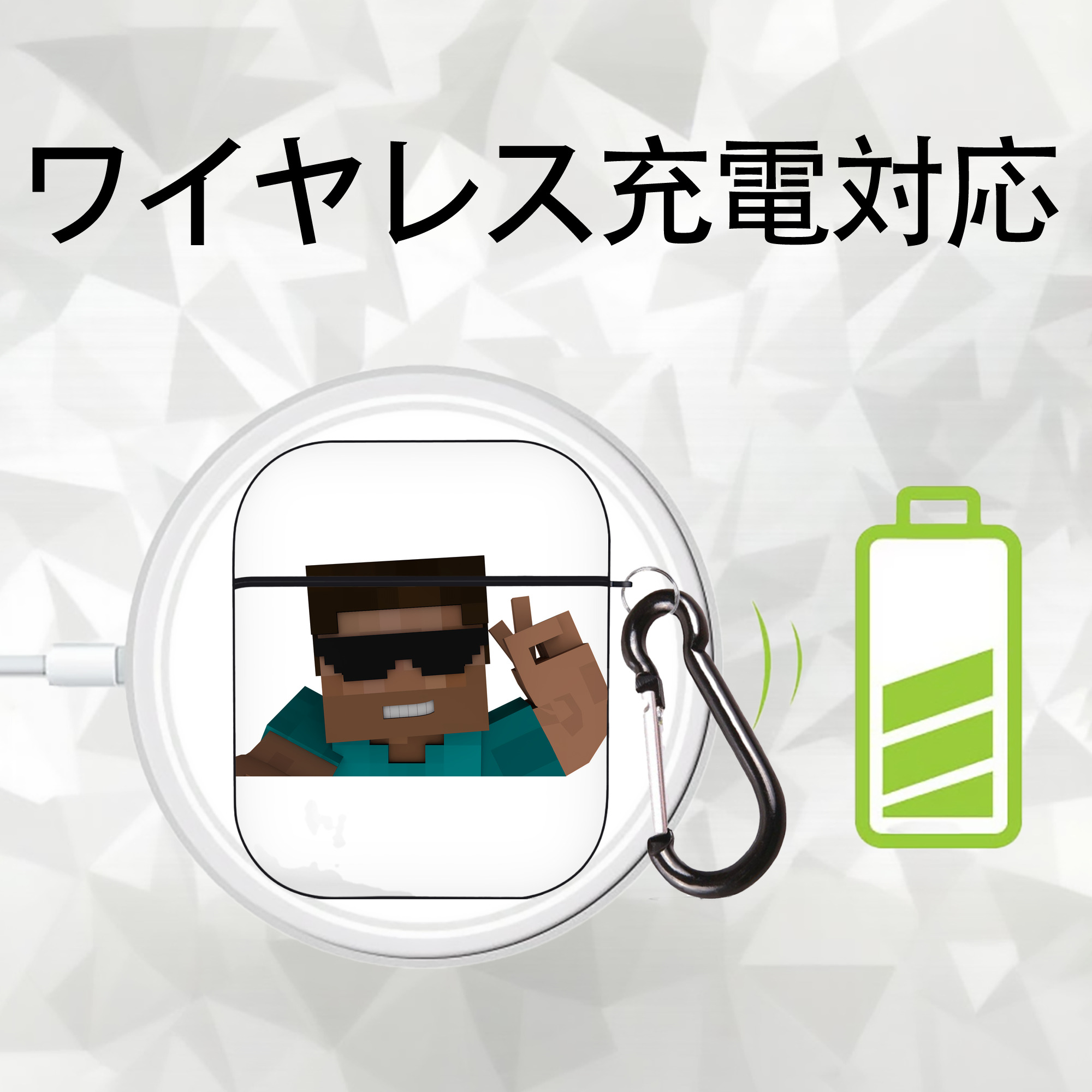マインクラフト ブロックの世界 Minecraft MC Block world AirPods 第2世代保護ケース ハードシェル ブラック 耐衝撃・防指紋・カラビナ付き