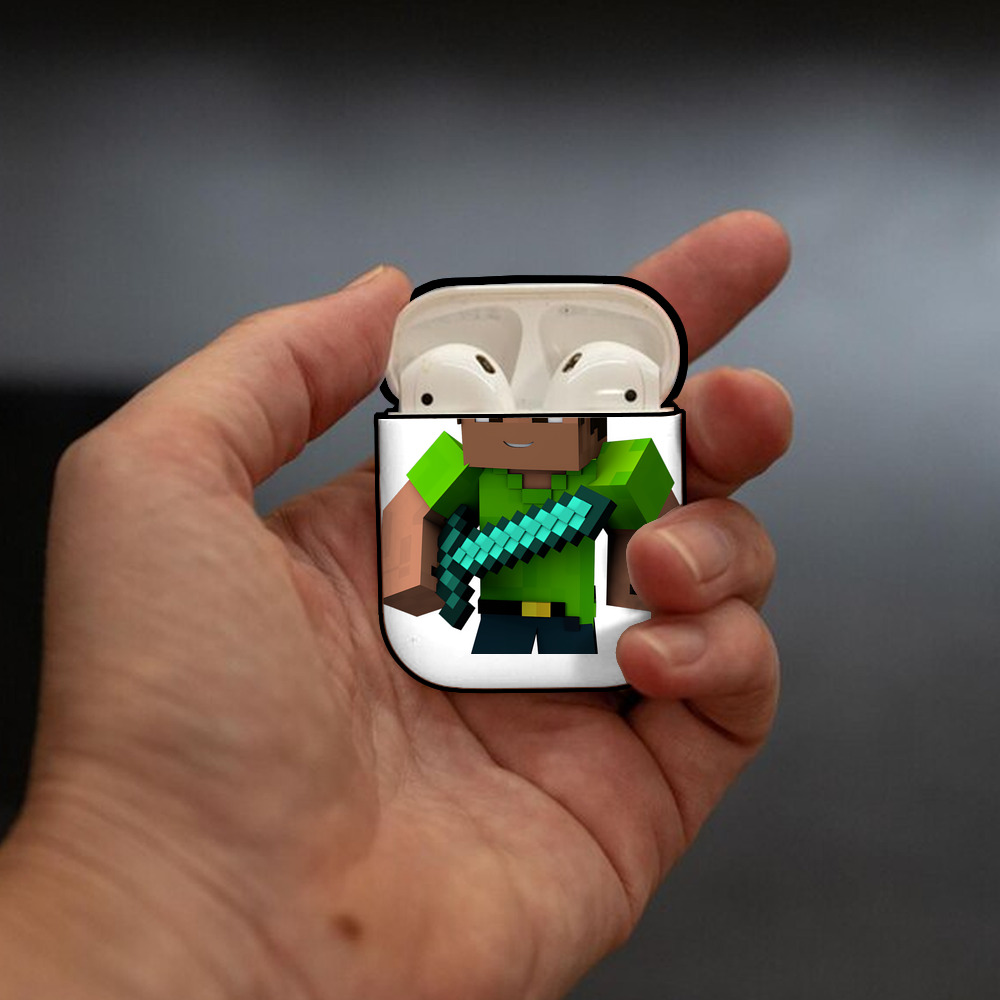 マインクラフト ブロックの世界 Minecraft MC Block world AirPods 第2世代保護ケース ハードシェル ブラック 耐衝撃・防指紋・カラビナ付き