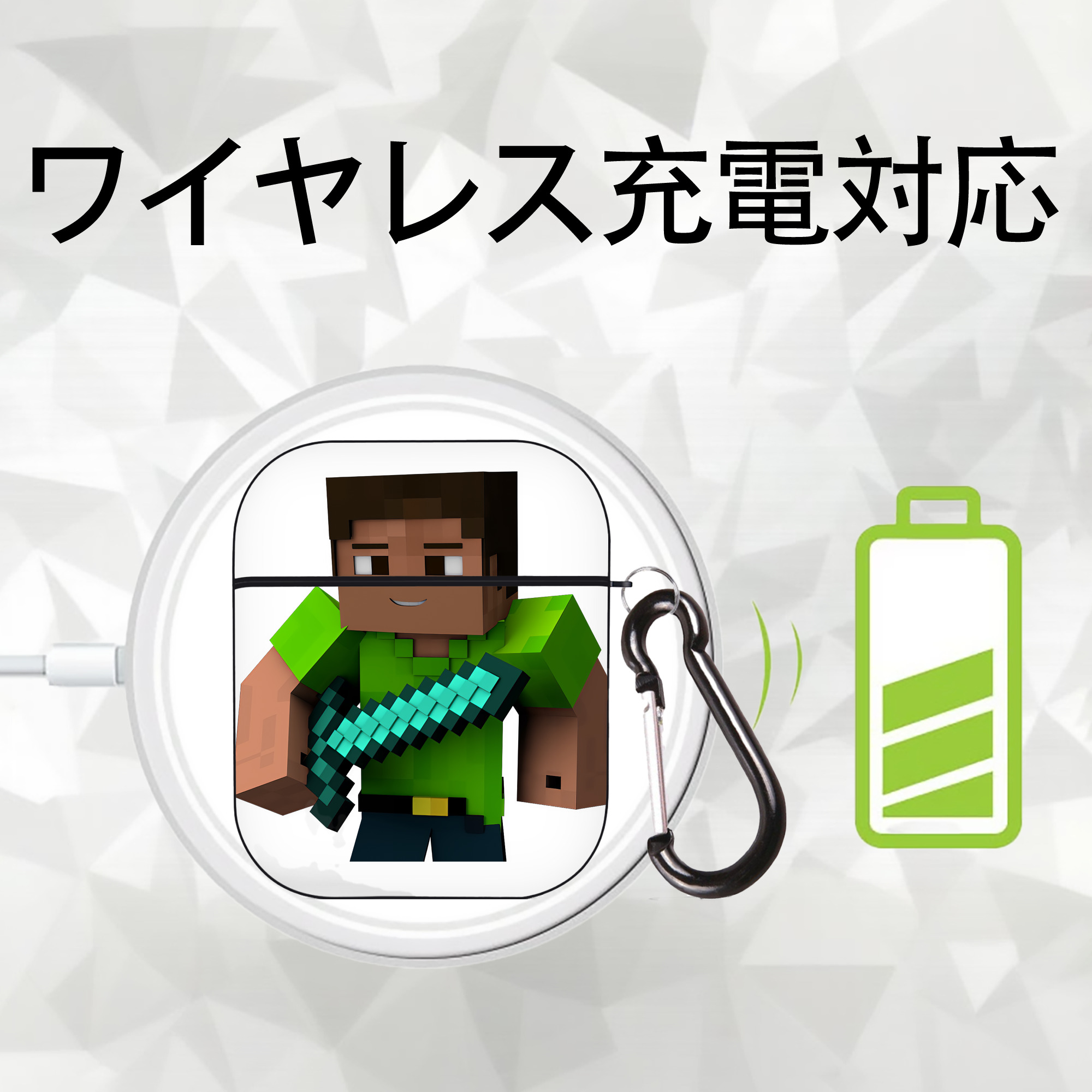 マインクラフト ブロックの世界 Minecraft MC Block world AirPods 第2世代保護ケース ハードシェル ブラック 耐衝撃・防指紋・カラビナ付き