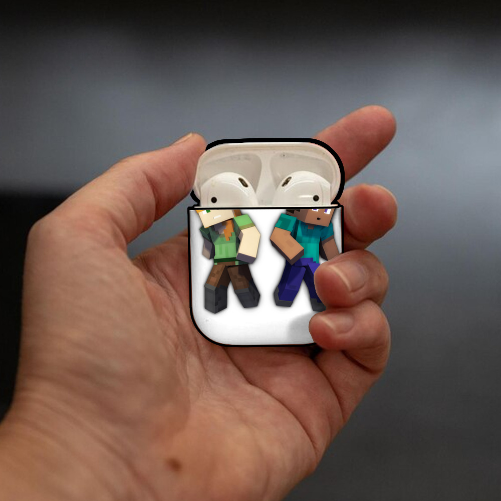 マインクラフト ブロックの世界 Minecraft MC Block world AirPods 第2世代保護ケース ハードシェル ブラック 耐衝撃・防指紋・カラビナ付き