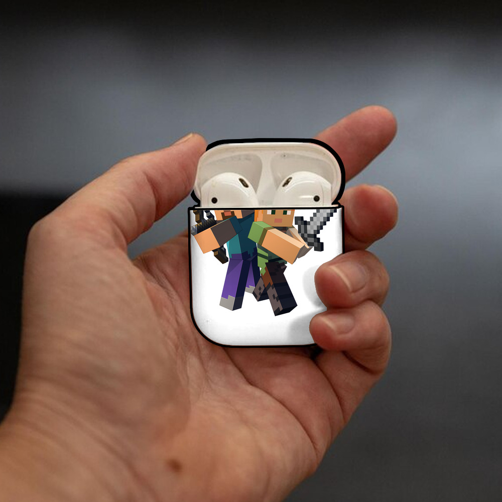 マインクラフト ブロックの世界 Minecraft MC Block world AirPods 第2世代保護ケース ハードシェル ブラック 耐衝撃・防指紋・カラビナ付き